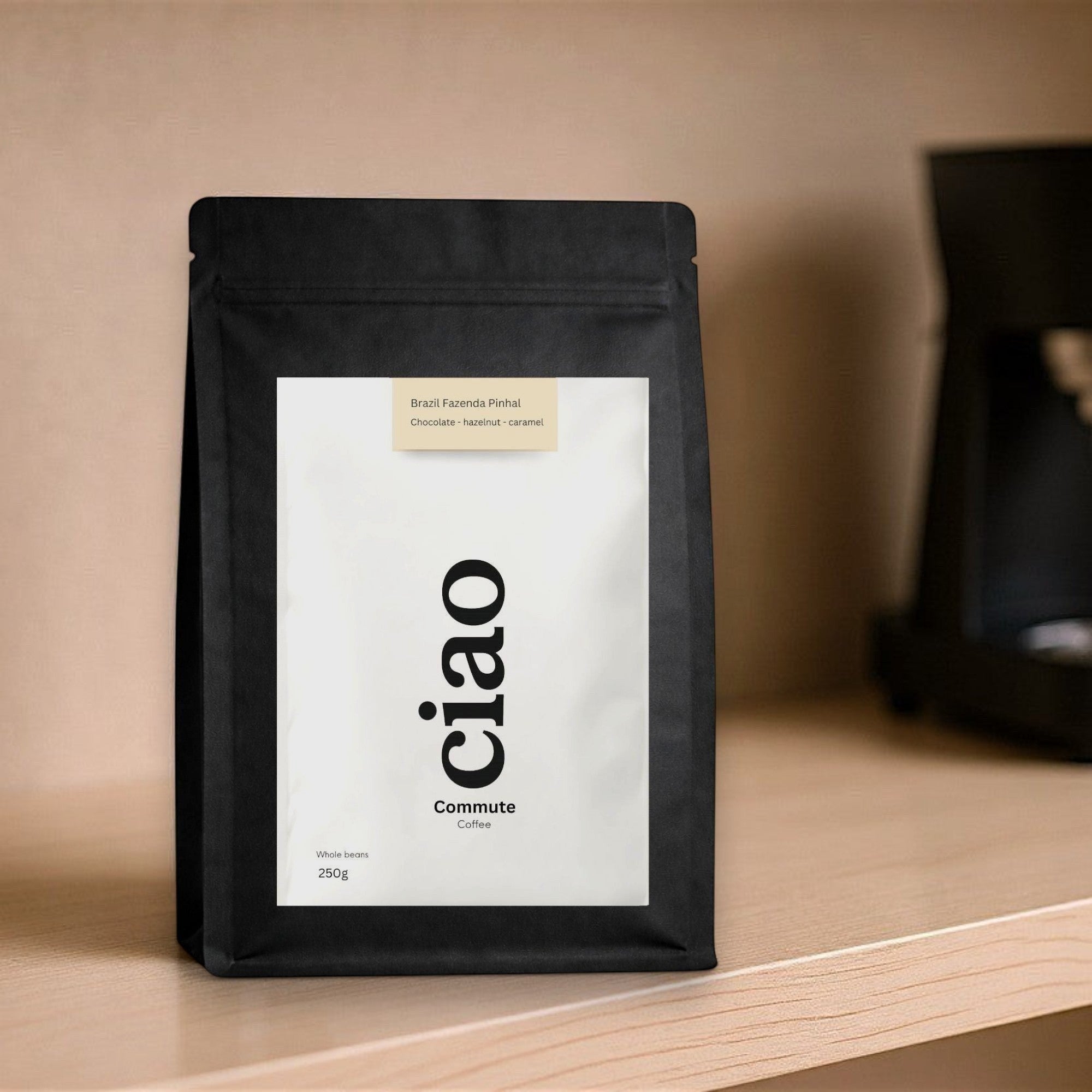 Say Ciao Coffee Commute whole bean coffee bag, medium roast with caramel, hazelnut, and chocolate notes.