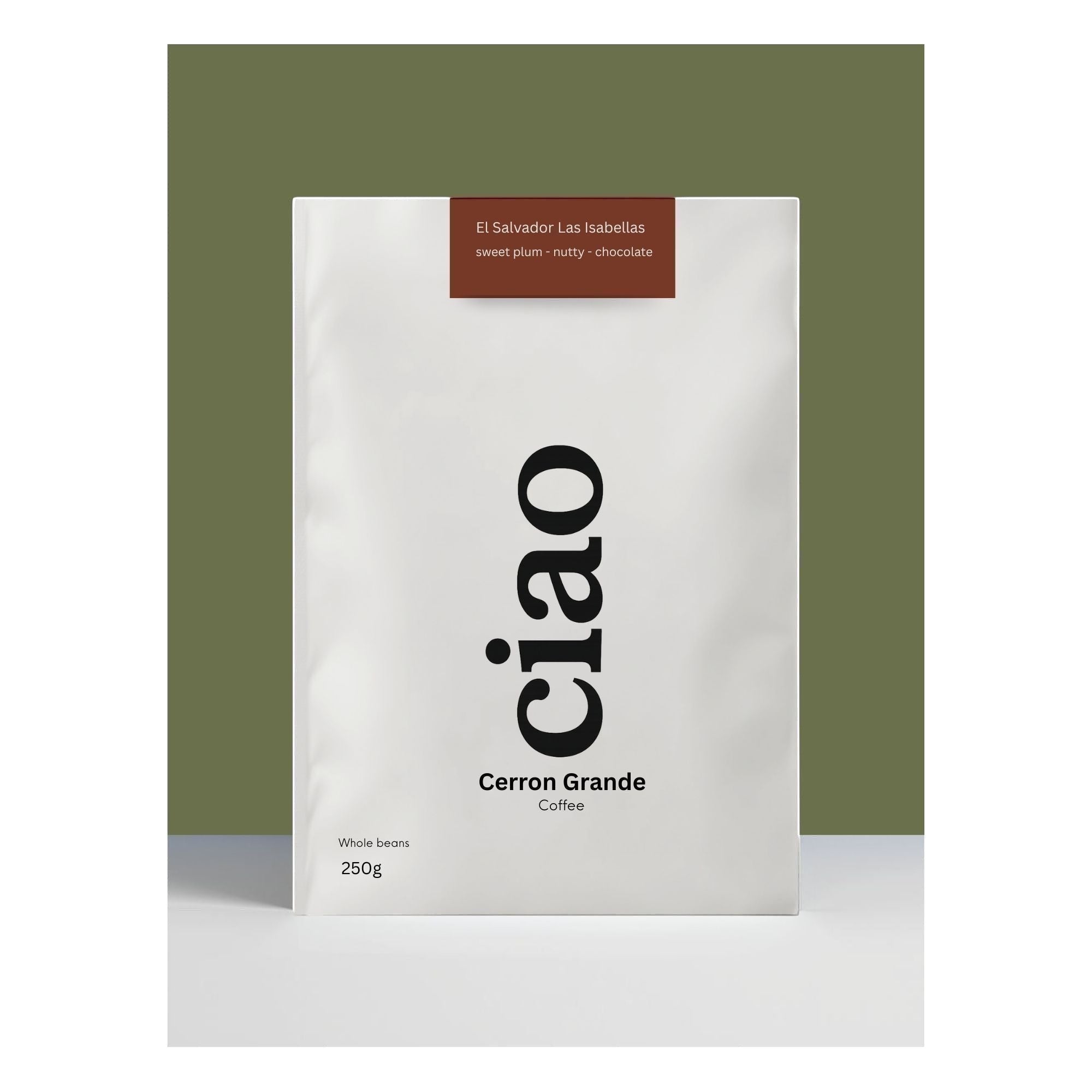 Say Ciao Coffee Cerron Grande whole bean coffee bag with tasting notes of sweet plum, nutty, and chocolate.