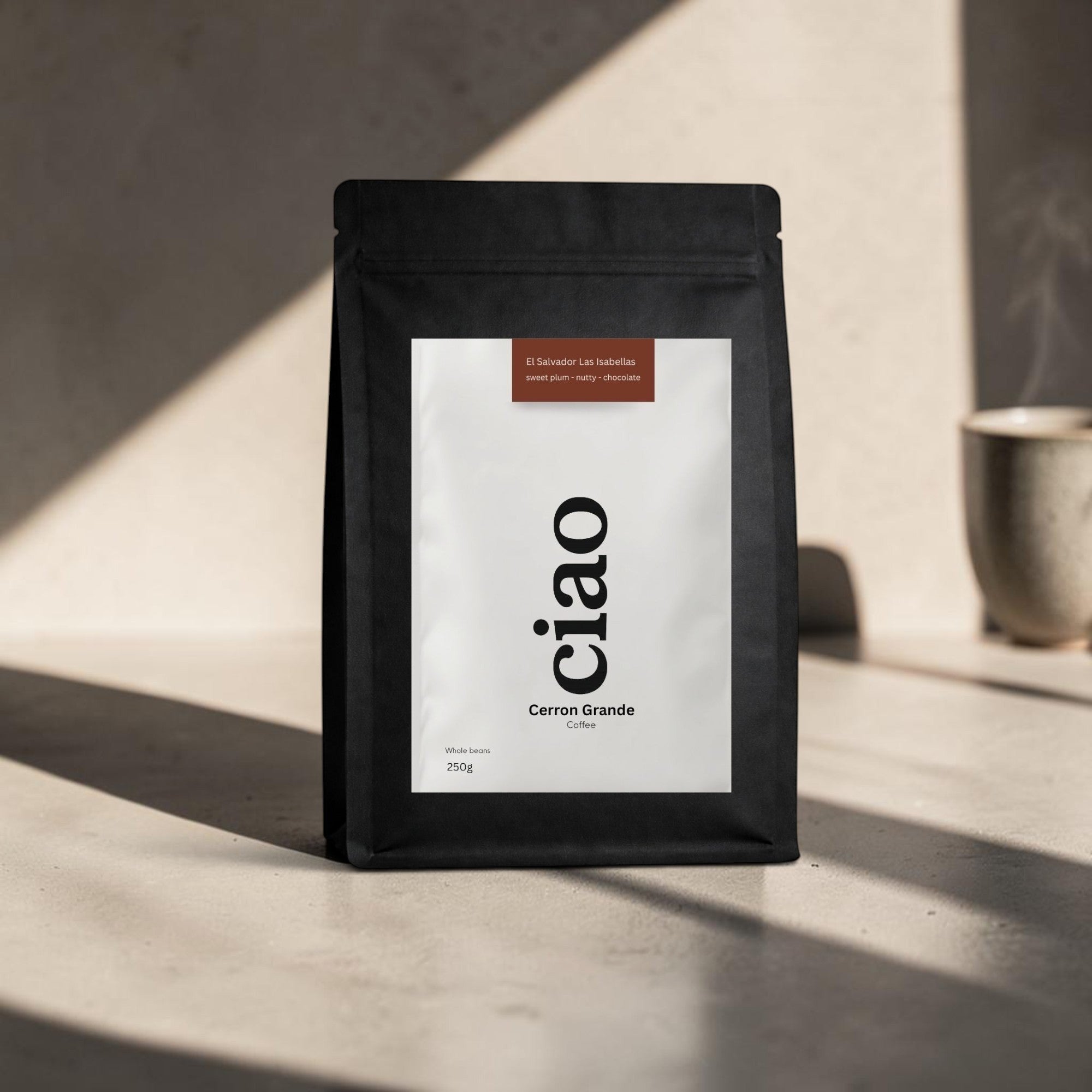 Say Ciao Coffee Cerron Grande whole bean coffee bag with tasting notes of sweet plum, nutty, and chocolate.