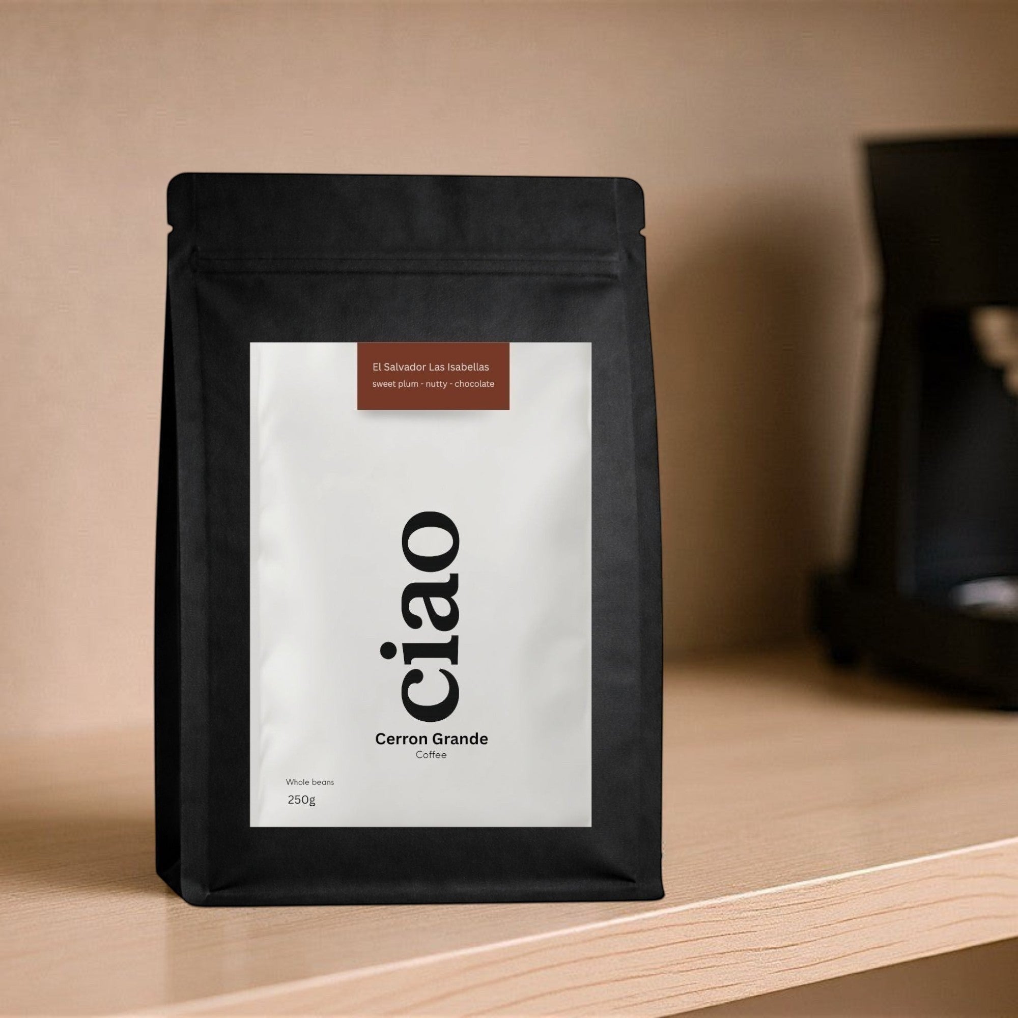 Say Ciao Coffee Cerron Grande whole bean coffee bag with tasting notes of sweet plum, nutty, and chocolate.