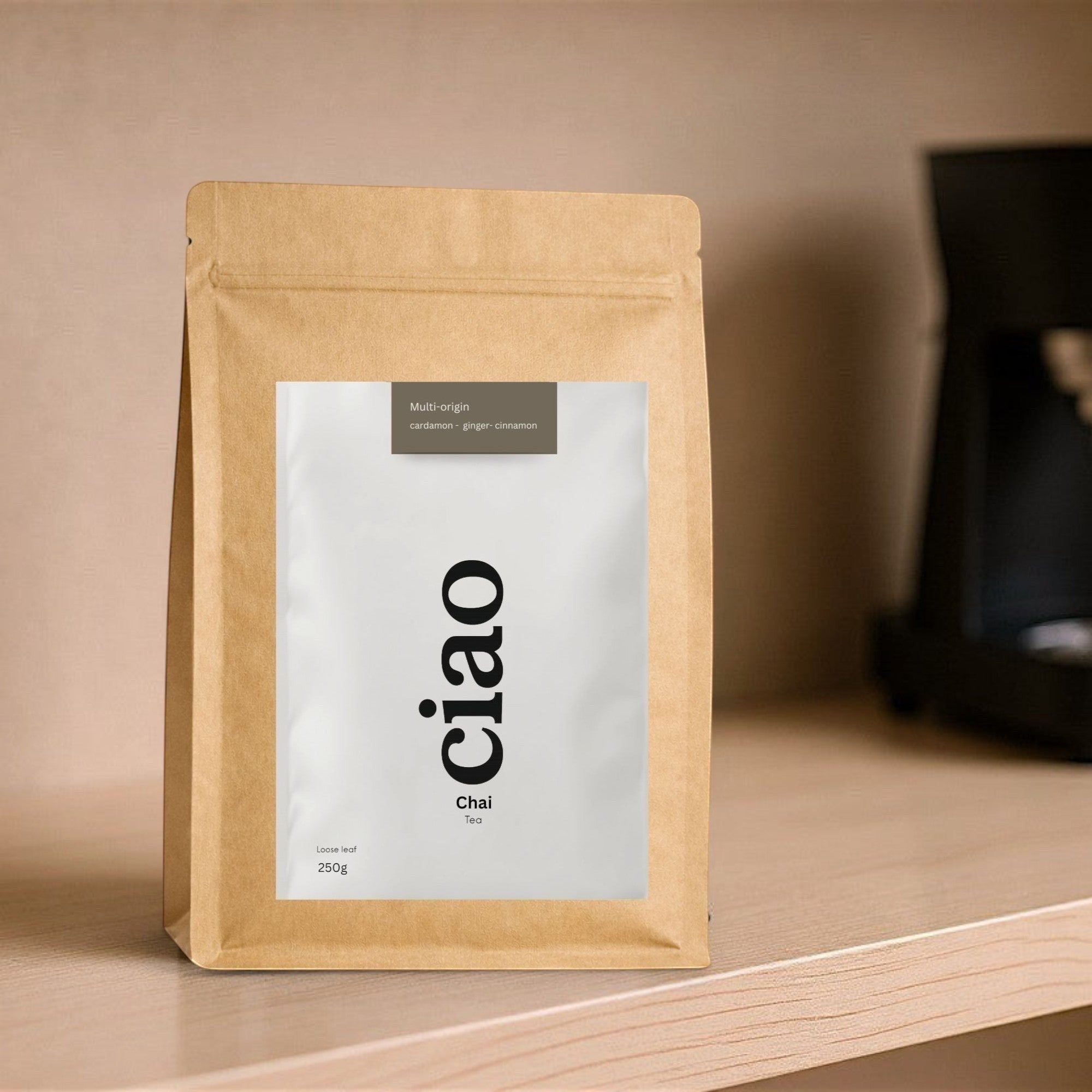 Say Ciao Coffee Chai loose leaf tea blend with cinnamon, cardamom, and ginger in a brown kraft pouch.