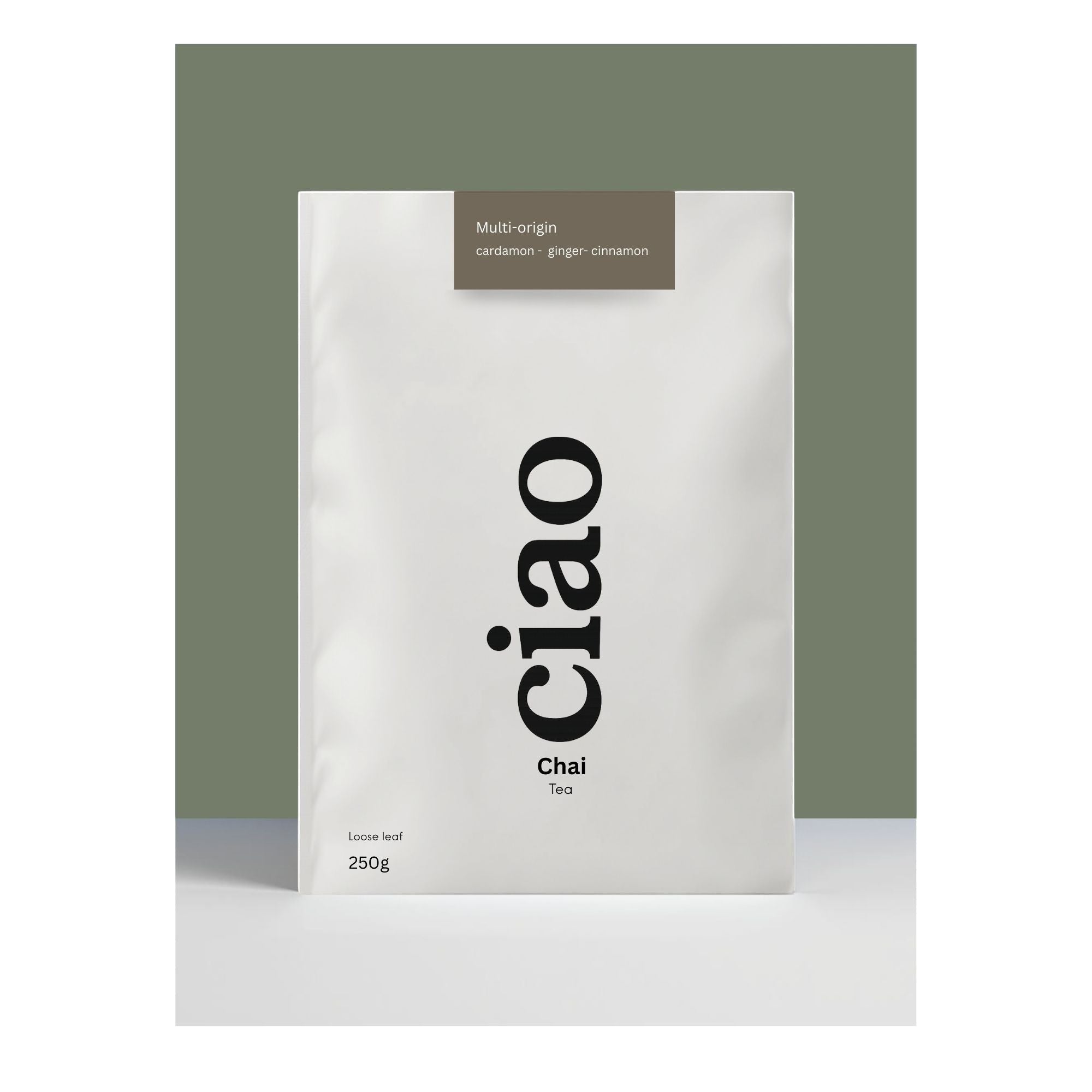 Say Ciao Coffee Chai loose leaf tea blend with cinnamon, cardamom, ginger, and cloves. 250g.