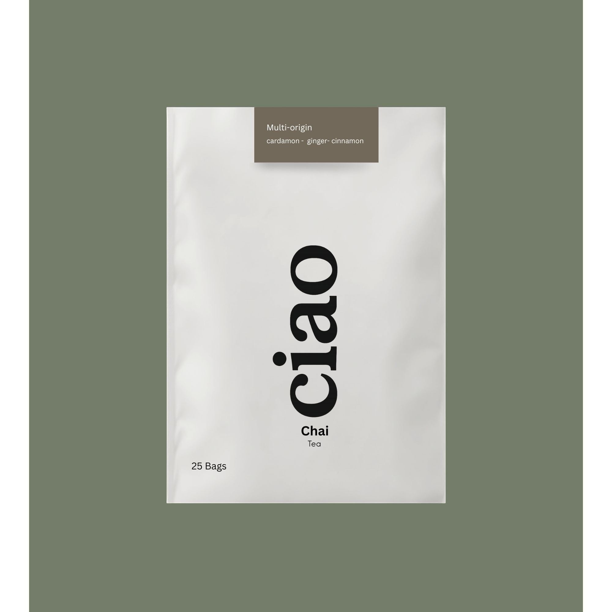 Say Ciao Coffee Chai Tea blend with cinnamon, cardamom, and ginger. 25 bags.