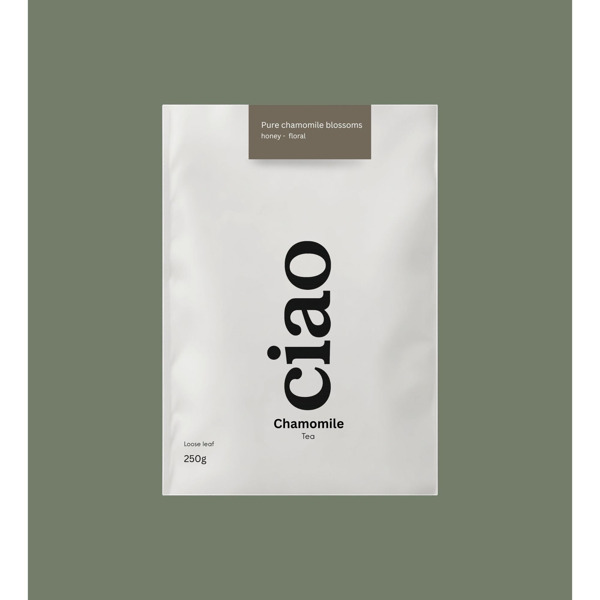 Say Ciao Coffee Chamomile loose leaf tea, 250g bag with pure chamomile blossoms, honey and floral notes.