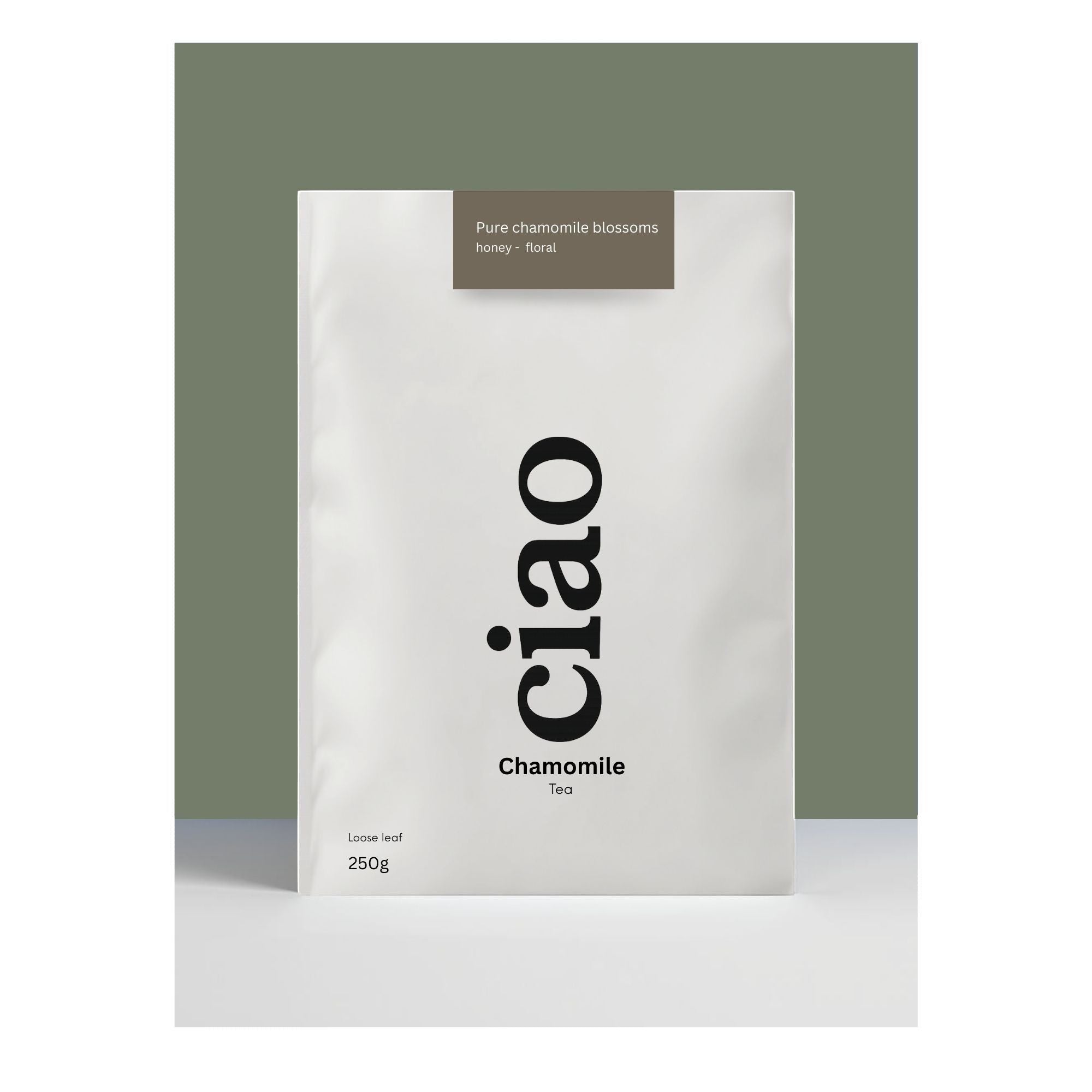 Say Ciao Coffee Chamomile loose leaf tea packaging. White bag with black text and a small brown label.