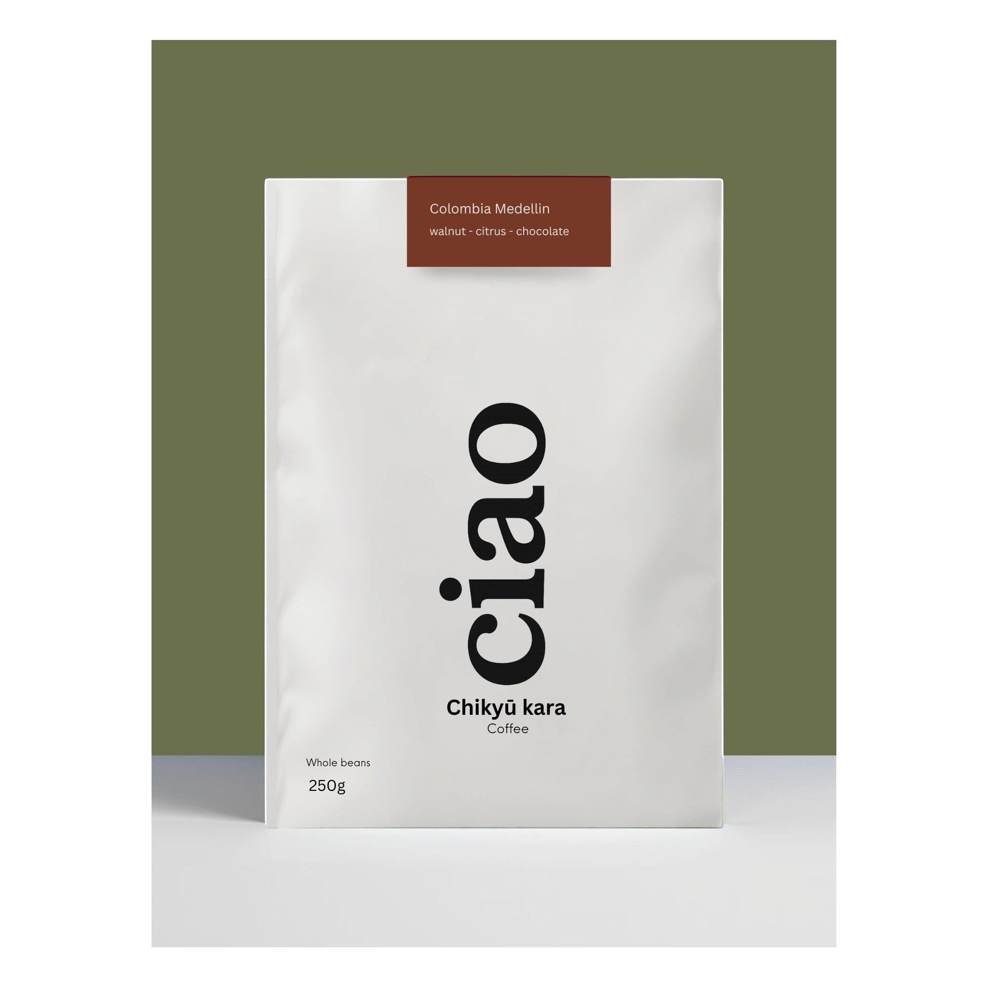 Say Ciao Coffee Chikyū kara coffee bag, Colombia Medellín origin, tasting notes of walnut, citrus, and chocolate. Medium roast, whole beans, 250g.