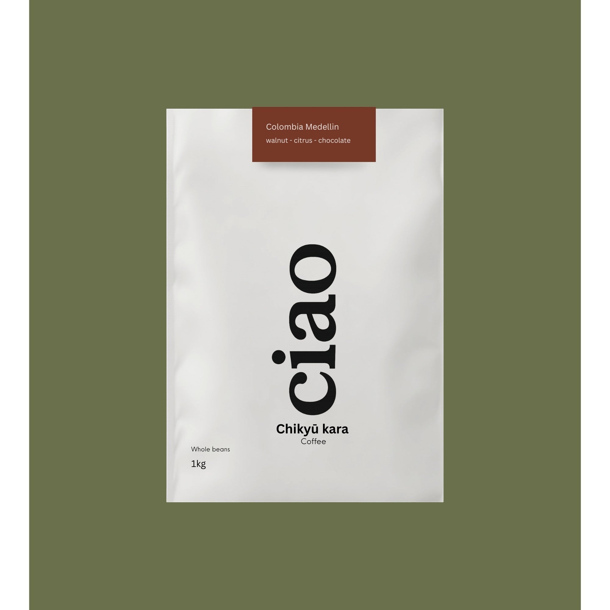 Say Ciao Coffee Chikyū kara whole bean coffee from Colombia Medellín, tasting notes of walnut, citrus, and chocolate.