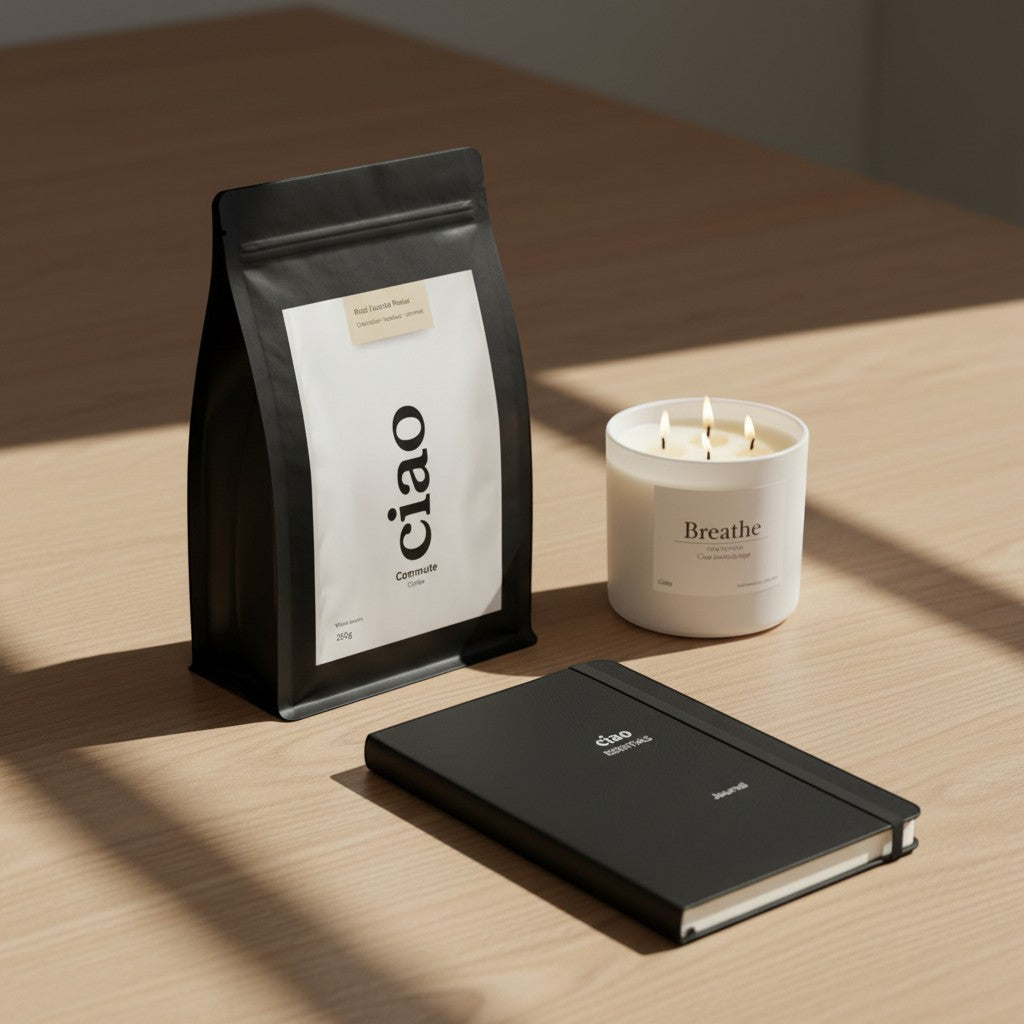Say Ciao Coffee Commute coffee bag with caramel, hazelnut, and chocolate notes. Includes a white candle and black journal.