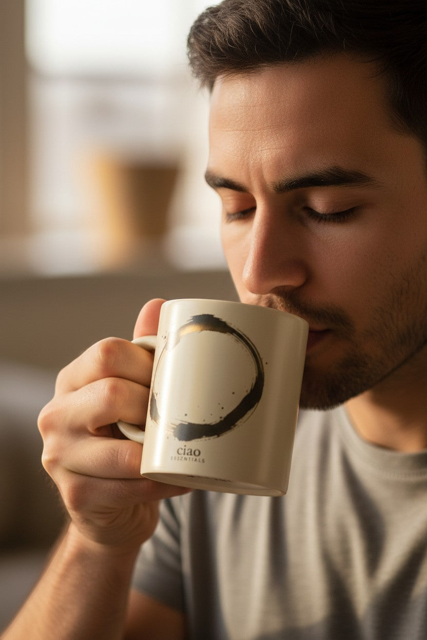 Say Ciao Coffee cream ceramic mug with hand-drawn enso circle and "ciao ESSENTIALS" branding.
