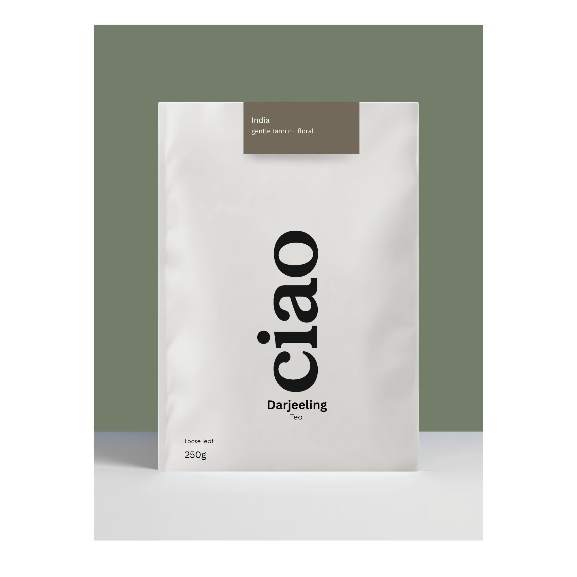 Say Ciao Coffee Darjeeling loose leaf tea packaging, white bag with black text, 250g.
