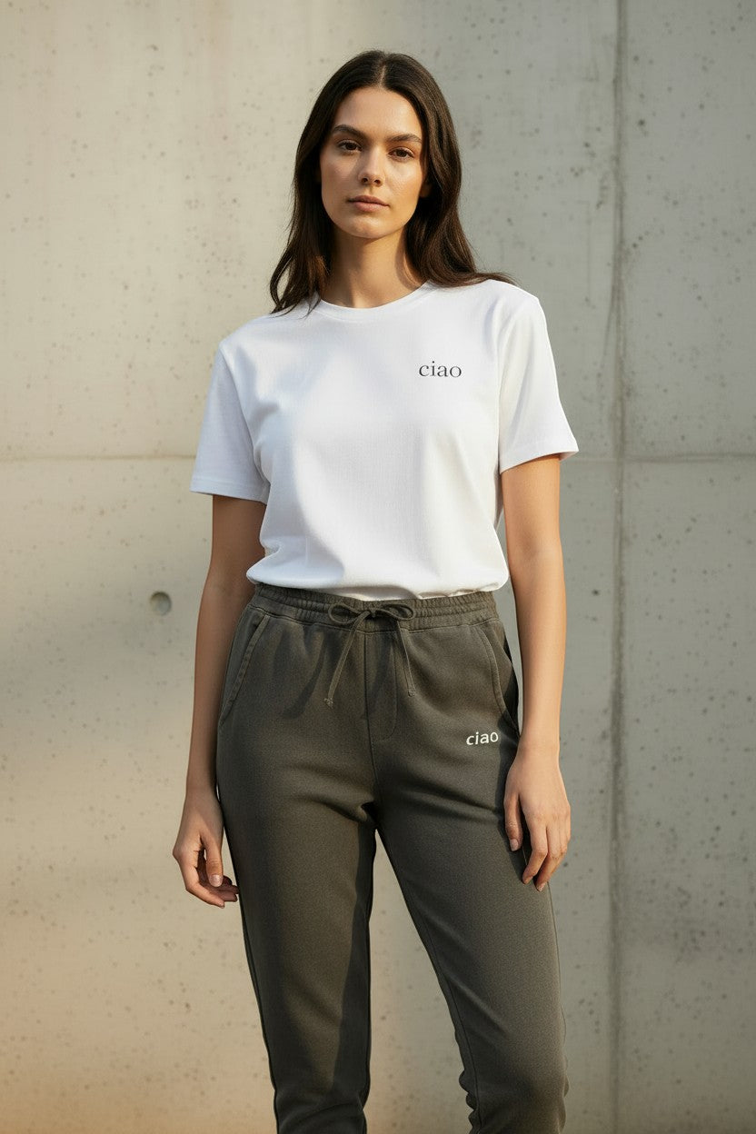 Say Ciao Coffee dark grey pigment-dyed cotton-blend joggers with adjustable drawstring and embroidered logo.