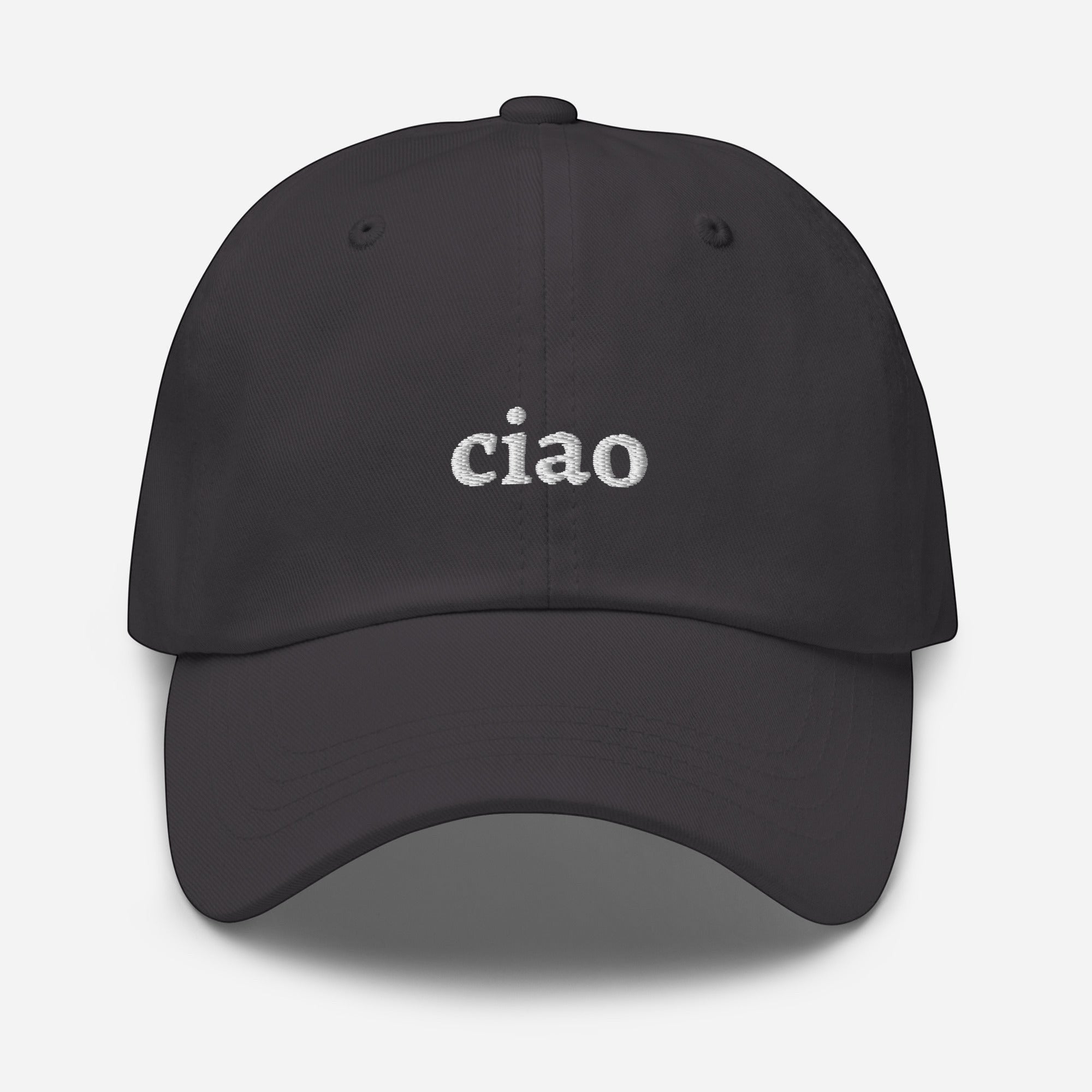 Say Ciao Coffee dark grey 100% cotton twill baseball cap with embroidered "ciao" text and adjustable strap.