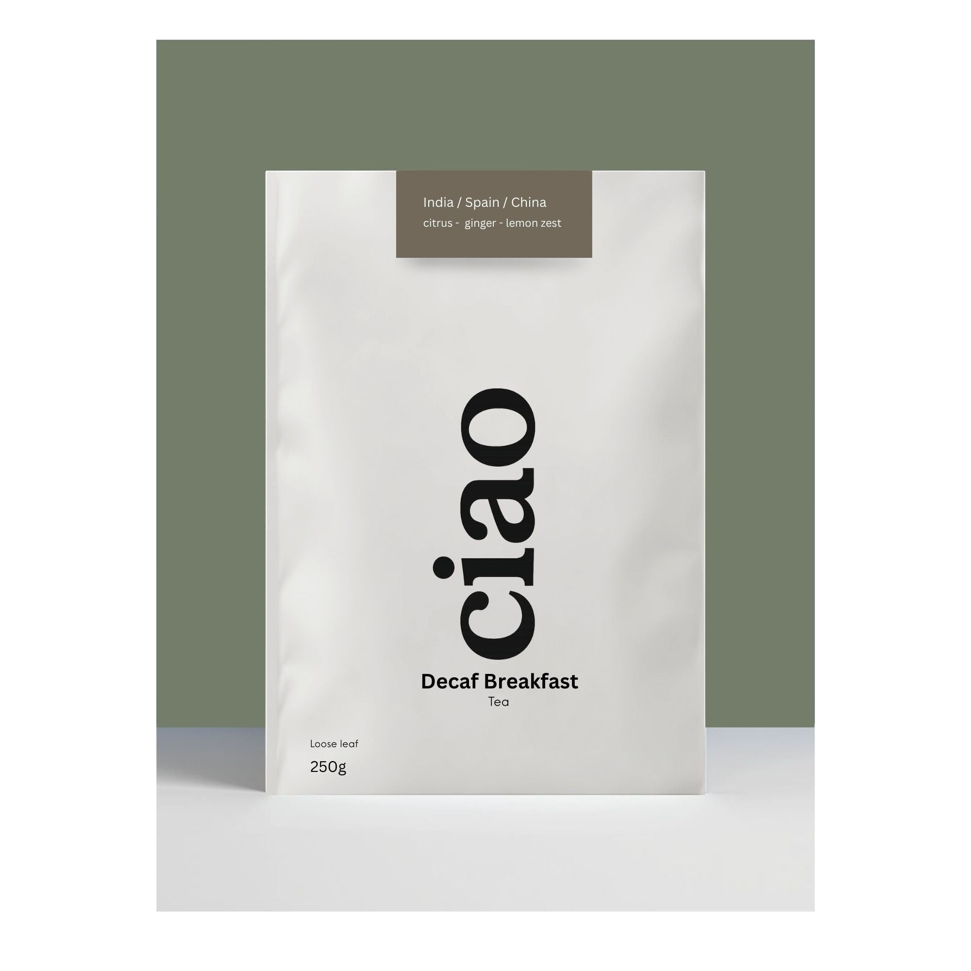 Say Ciao Coffee Decaf Breakfast Tea loose leaf 250g. A blend of black tea from India, Spain, and China with citrus, ginger, and lemon zest.