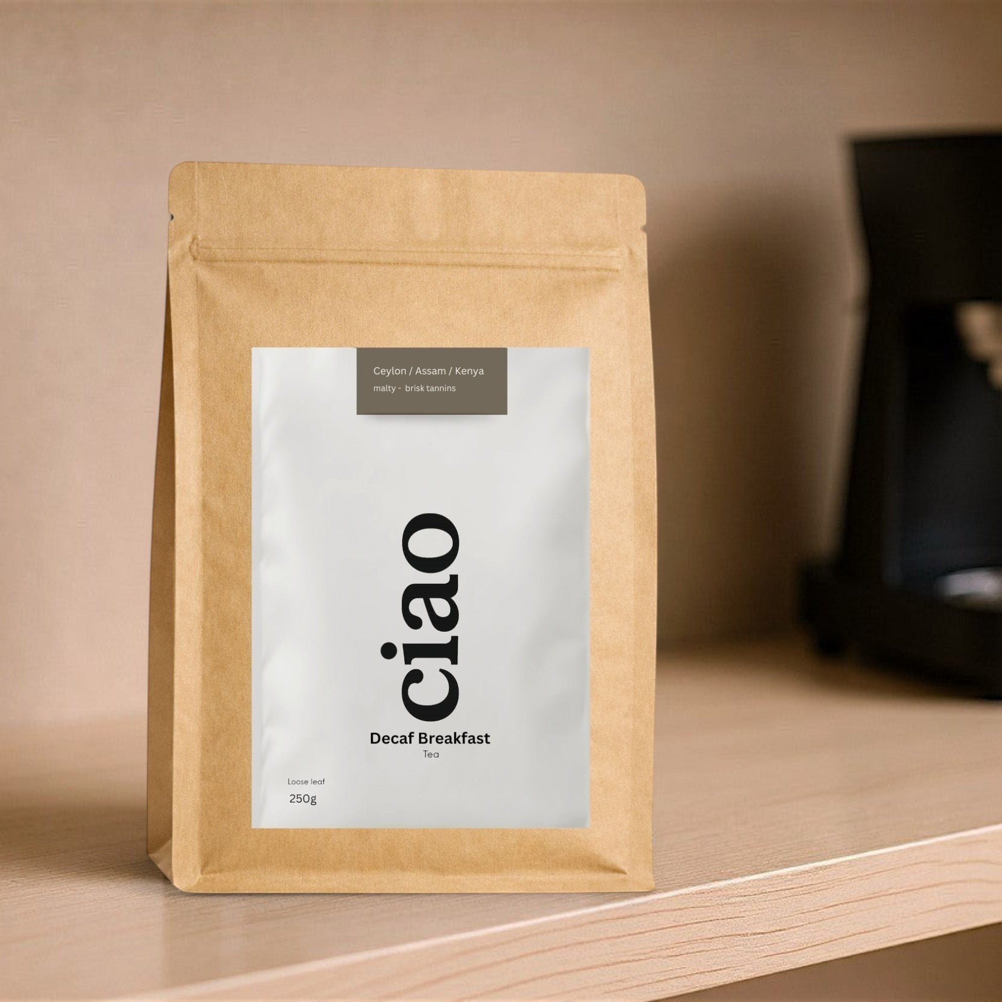 Say Ciao Coffee Decaf Breakfast Tea in a brown kraft pouch, loose leaf, 250g. Full body, malty sweetness, clean finish.