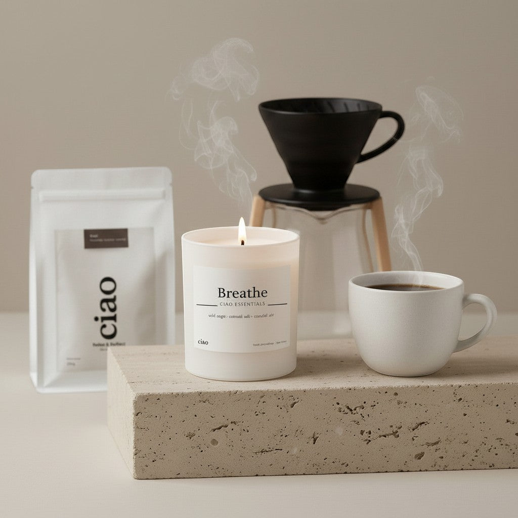 Say Ciao Coffee Relax & Reflect decaf coffee bag, lit candle, and a cup of coffee with a pour-over coffee maker.