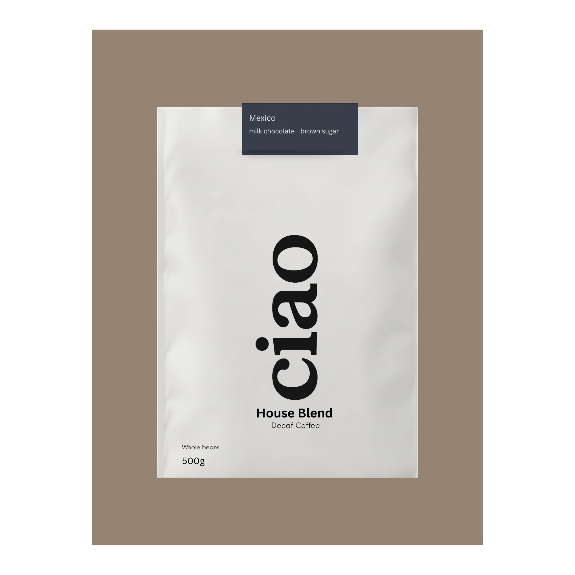 Say Ciao Coffee Relax & Reflect decaf whole bean coffee bag with tasting notes of chocolate, hazelnut, and caramel.