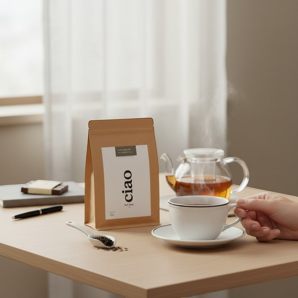 Say Ciao Coffee Earl Grey tea bag, glass teapot with steaming tea, and a cup of tea on a saucer.
