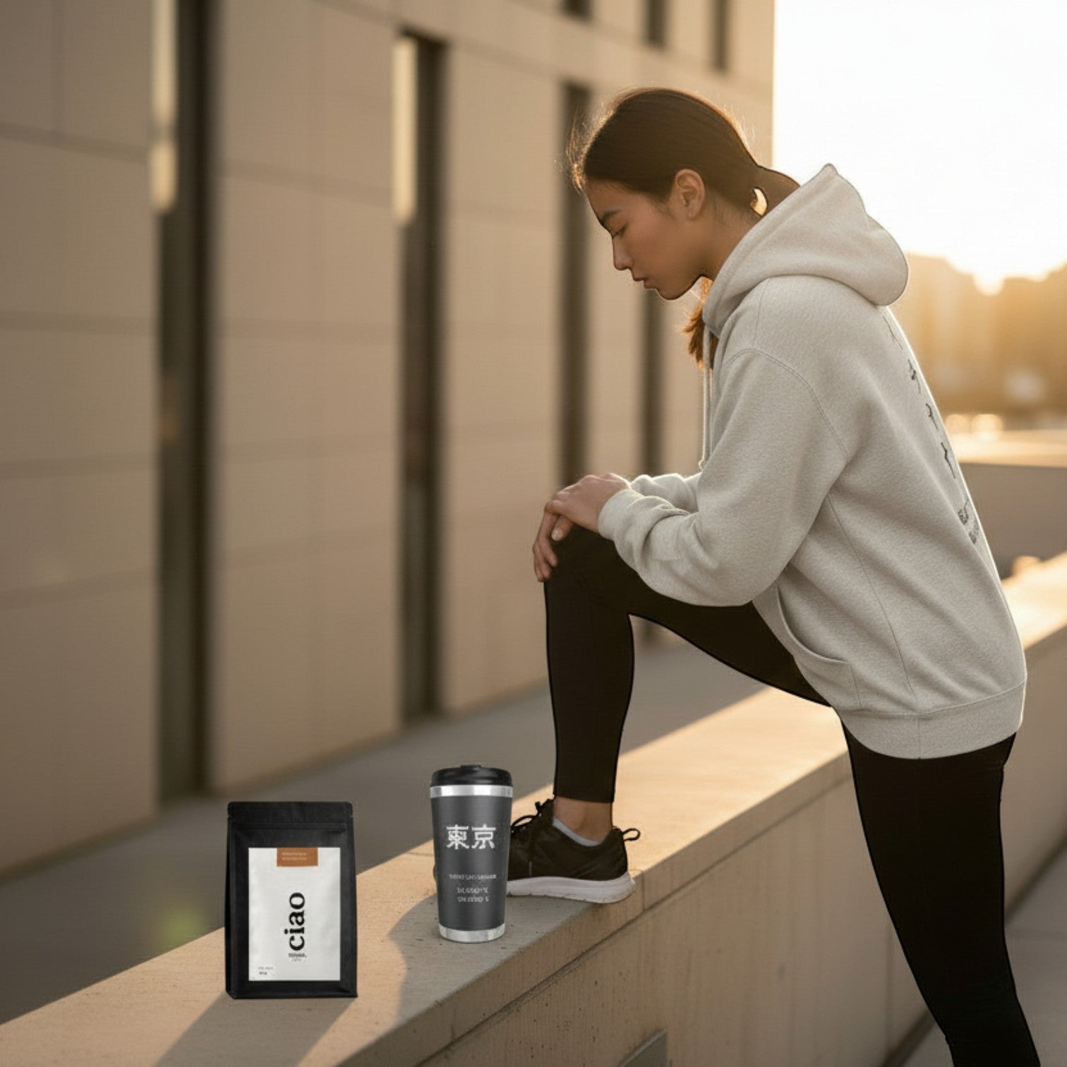 Say Ciao Coffee Energise coffee bag and travel mug with a woman in athletic wear stretching outdoors.