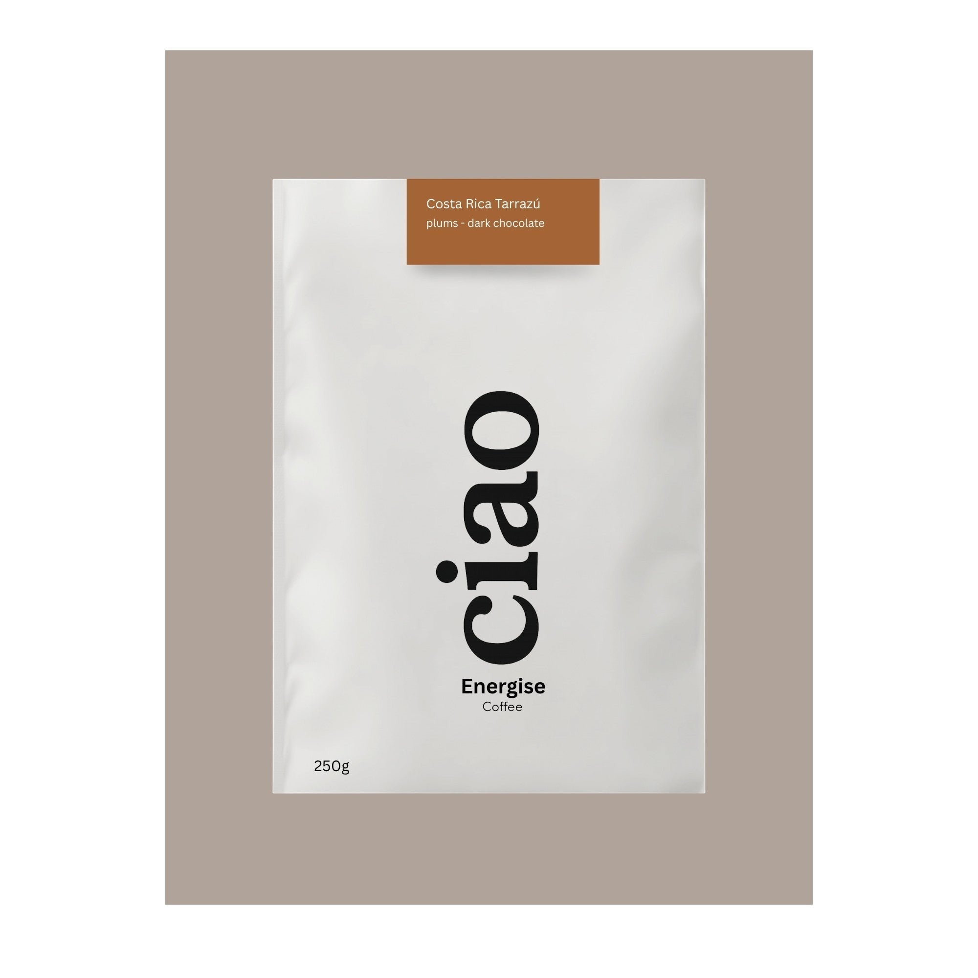 Say Ciao Coffee Energise coffee bag with tasting notes of plum and dark chocolate, 250g.