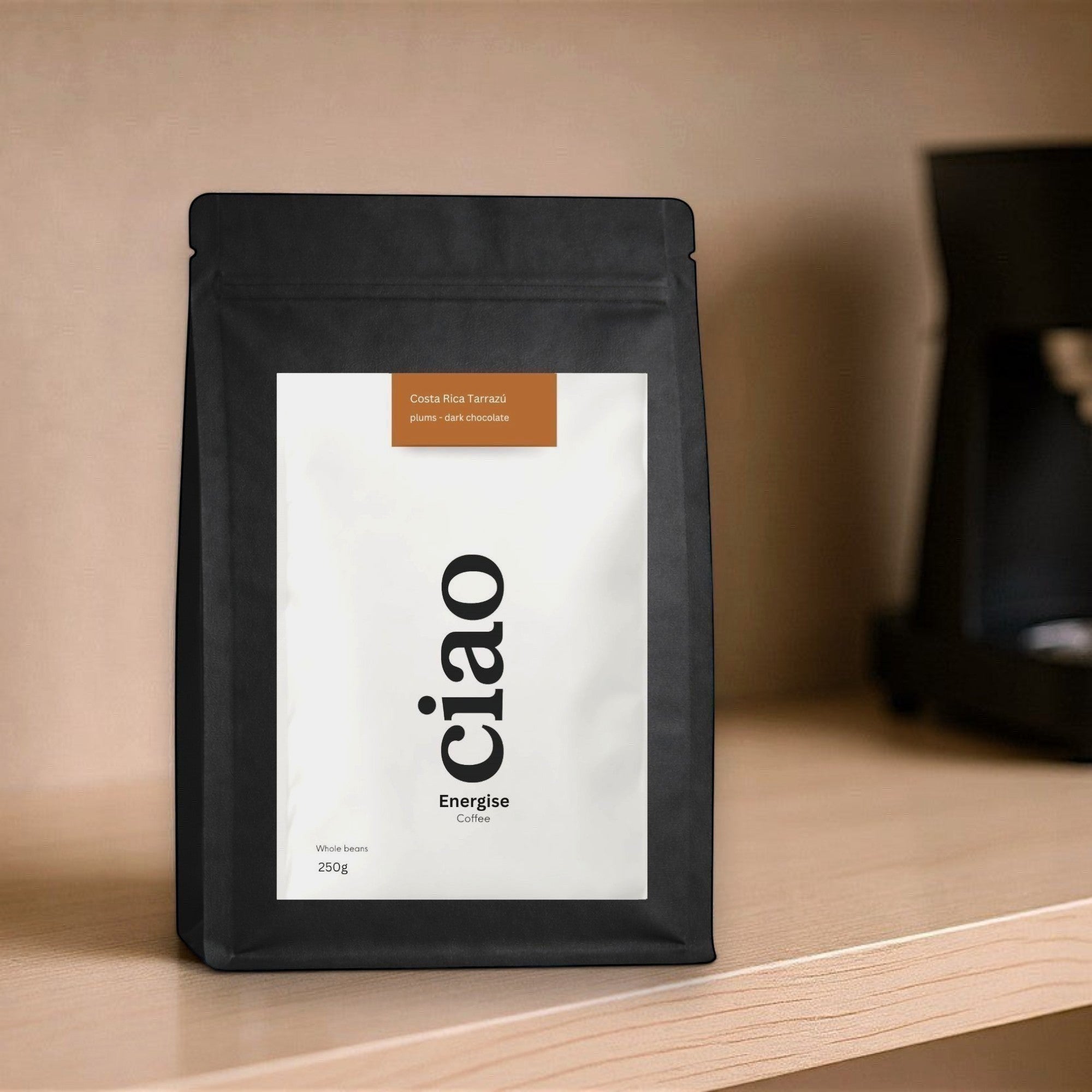 Say Ciao Coffee Energise whole bean coffee bag with tasting notes of plum and dark chocolate.
