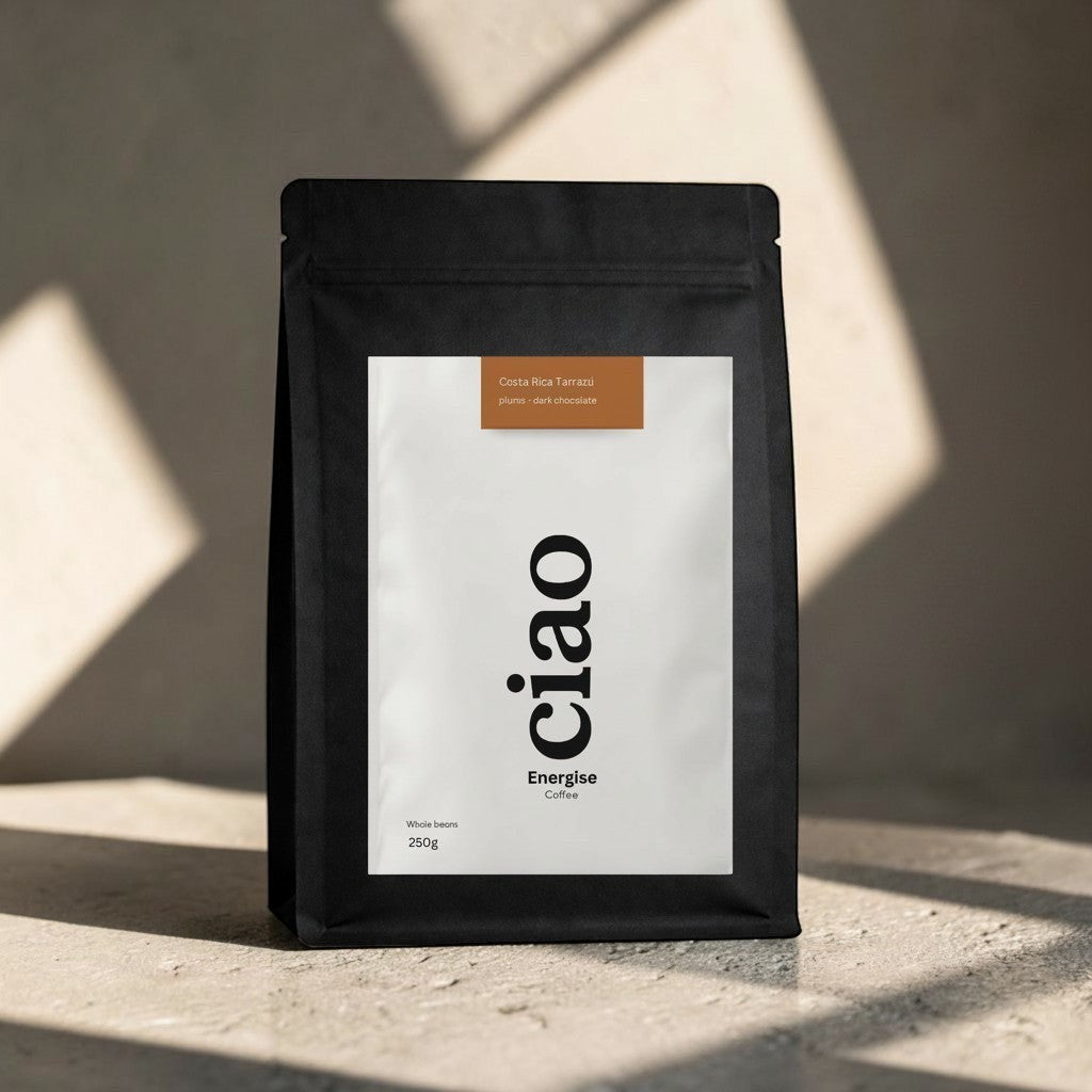 Say Ciao Coffee Energise whole bean coffee bag, Costa Rica Tarrazu, plum and dark chocolate notes.