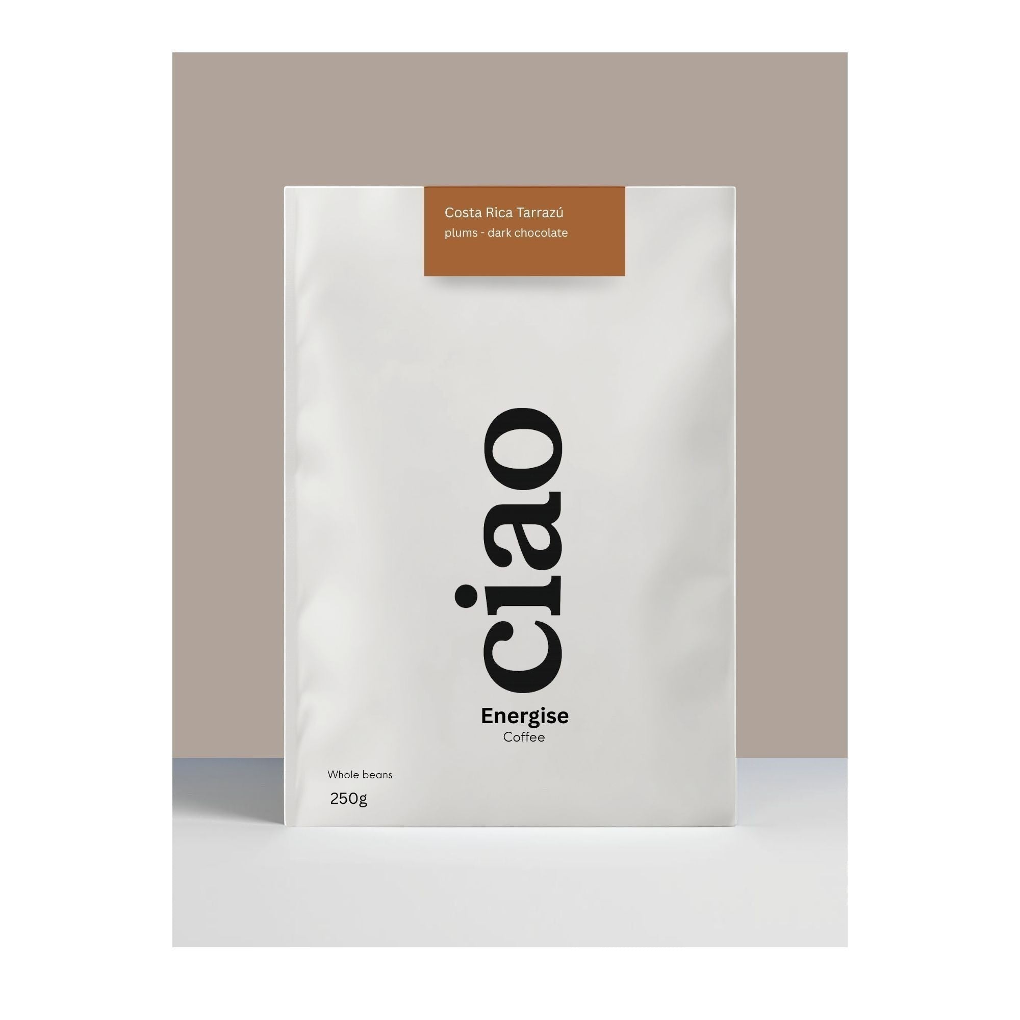 Say Ciao Coffee Energise whole bean coffee bag with tasting notes of plum and dark chocolate.