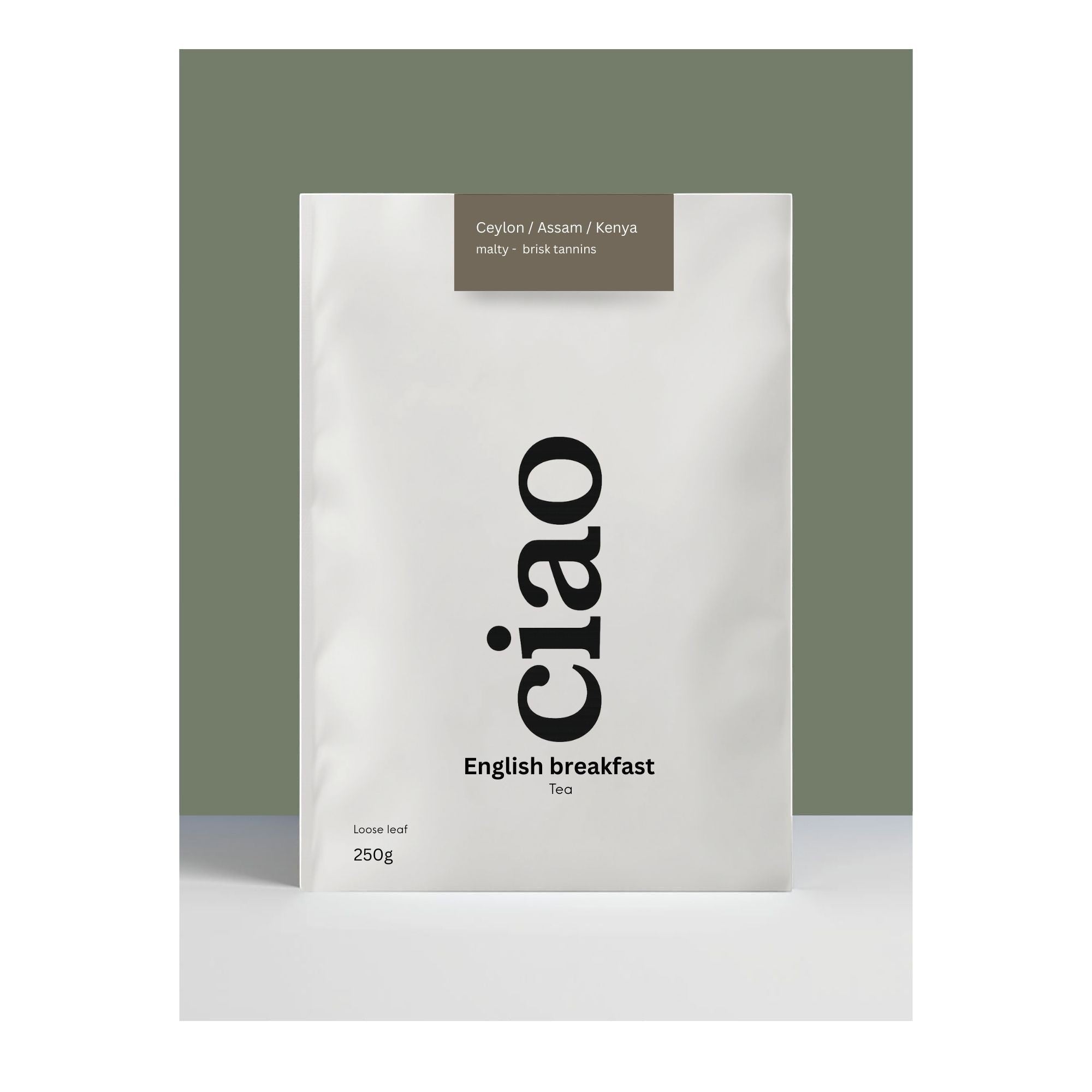 Say Ciao Coffee English Breakfast loose leaf tea, 250g. Blend of Assam and Ceylon teas with malty, brisk tannins.