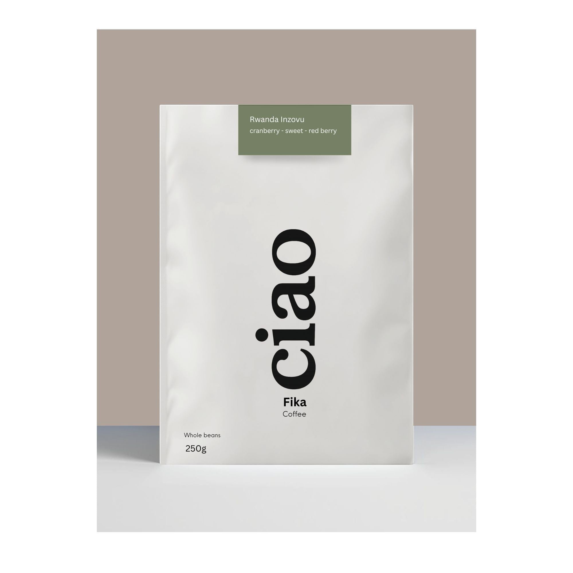 Say Ciao Coffee Fika whole bean coffee bag with tasting notes of cranberry, sweet, and red berry.