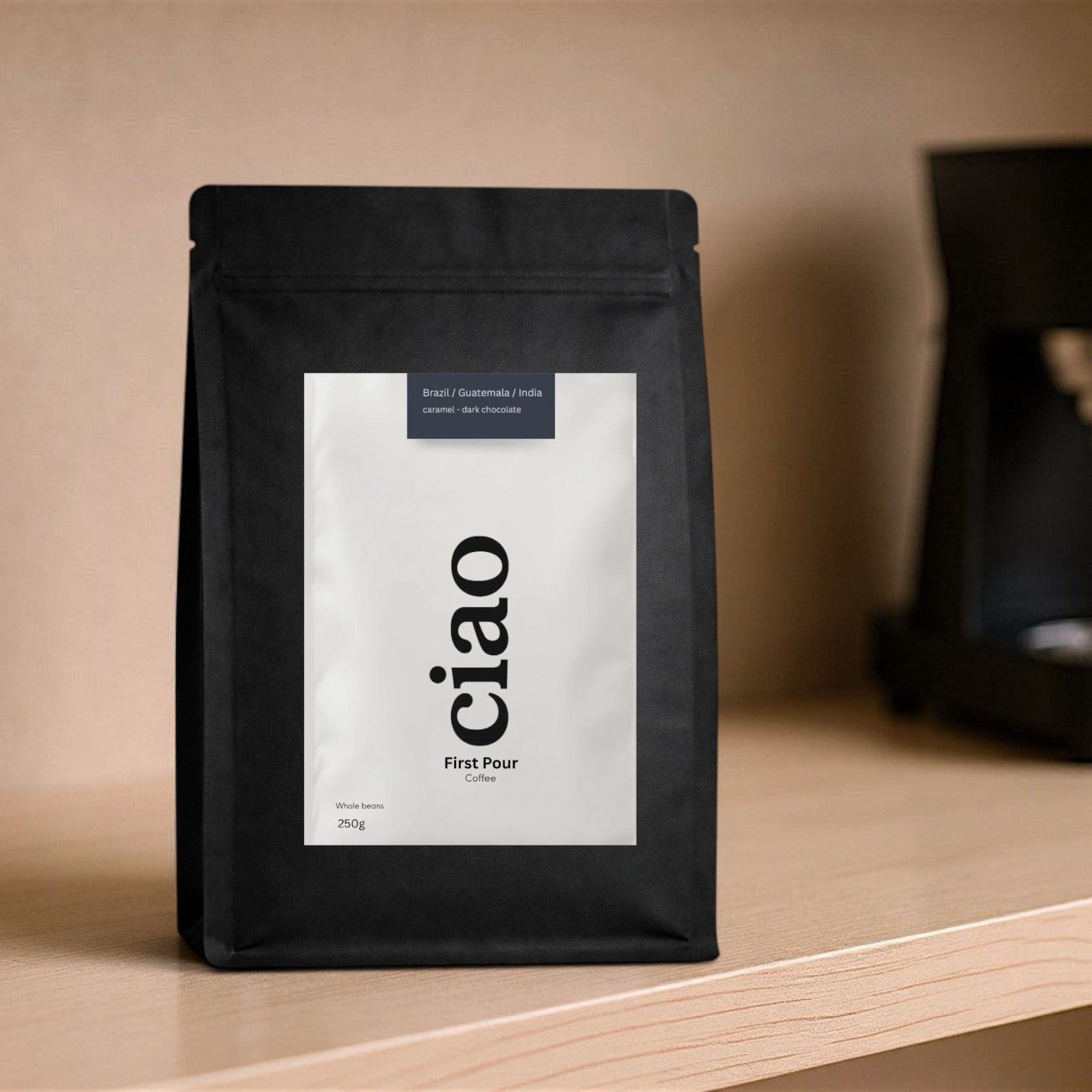 Say Ciao Coffee First Pour whole bean coffee bag, medium roast with caramel and dark chocolate notes.
