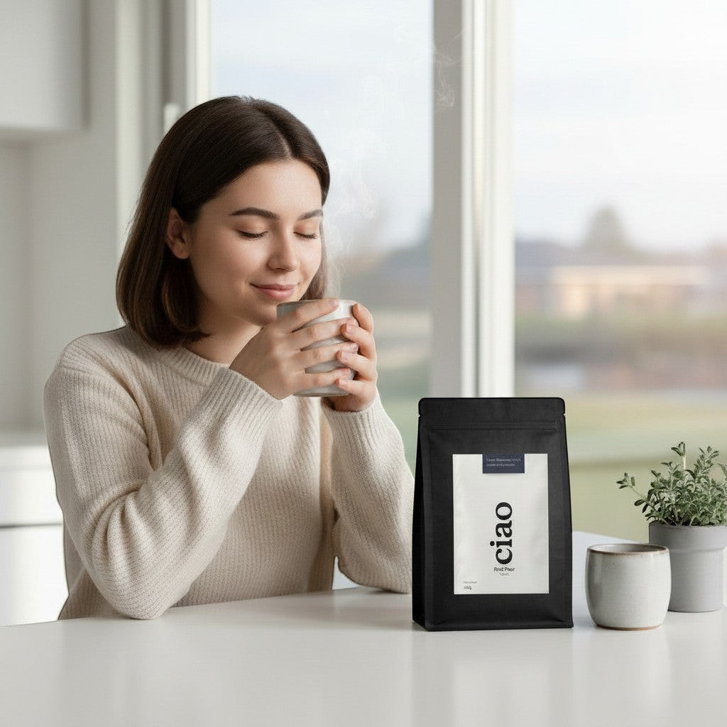 Say Ciao Coffee First Pour medium roast Arabica coffee blend with caramel and dark chocolate notes.