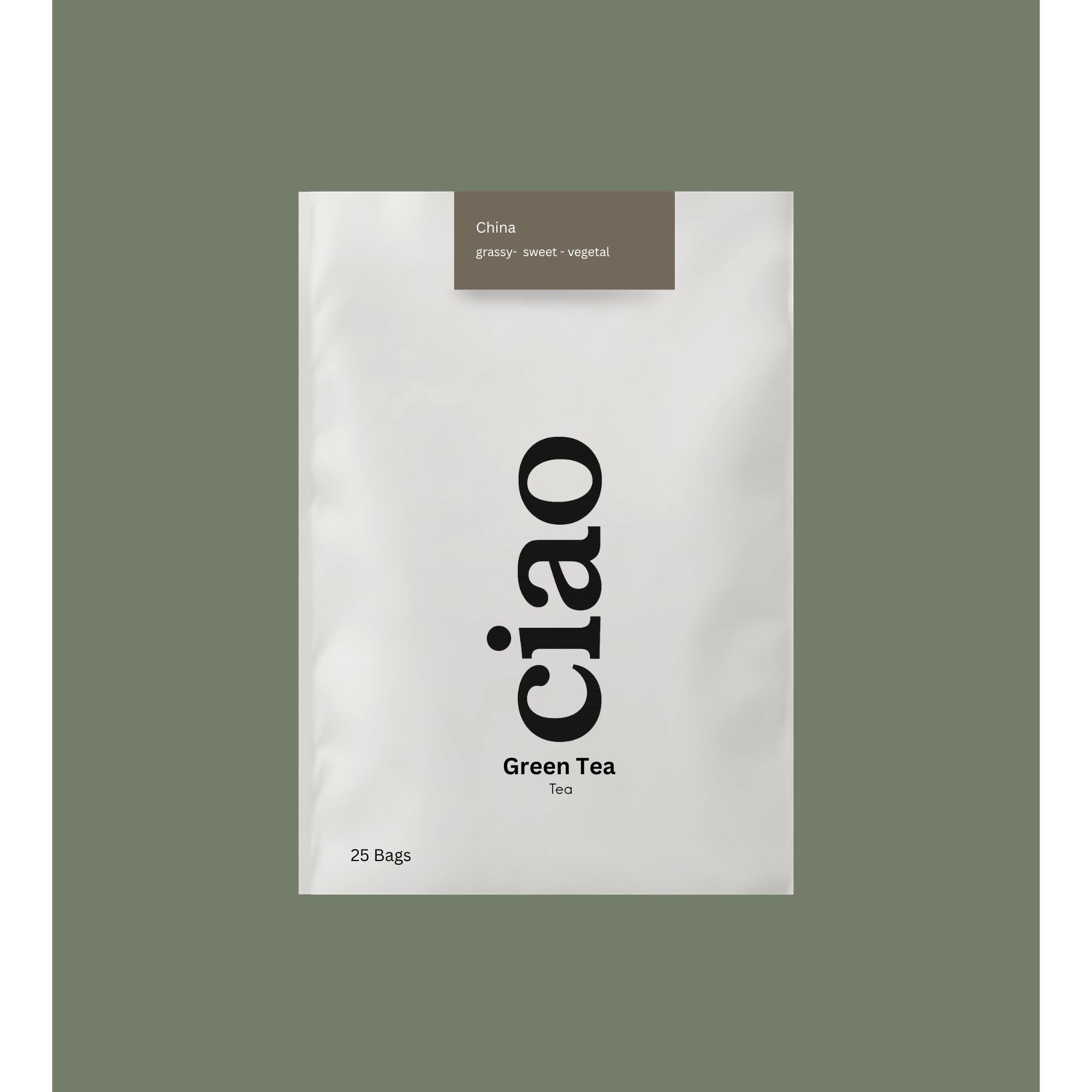 Say Ciao Coffee green tea packaging, 25 bags, with tasting notes of grassy, sweet, and vegetal.