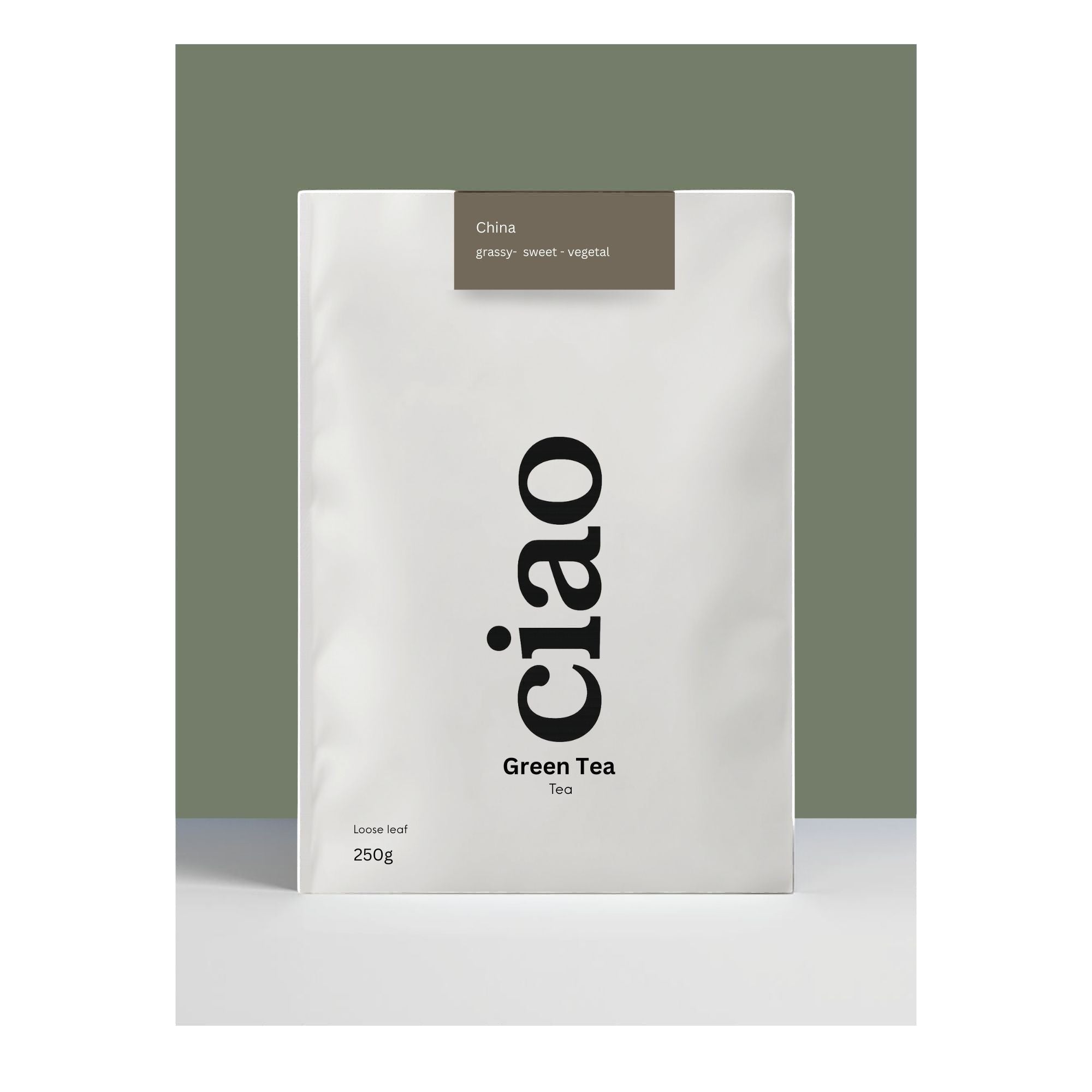 Say Ciao Coffee green tea loose leaf packaging, white bag with black text, 250g.