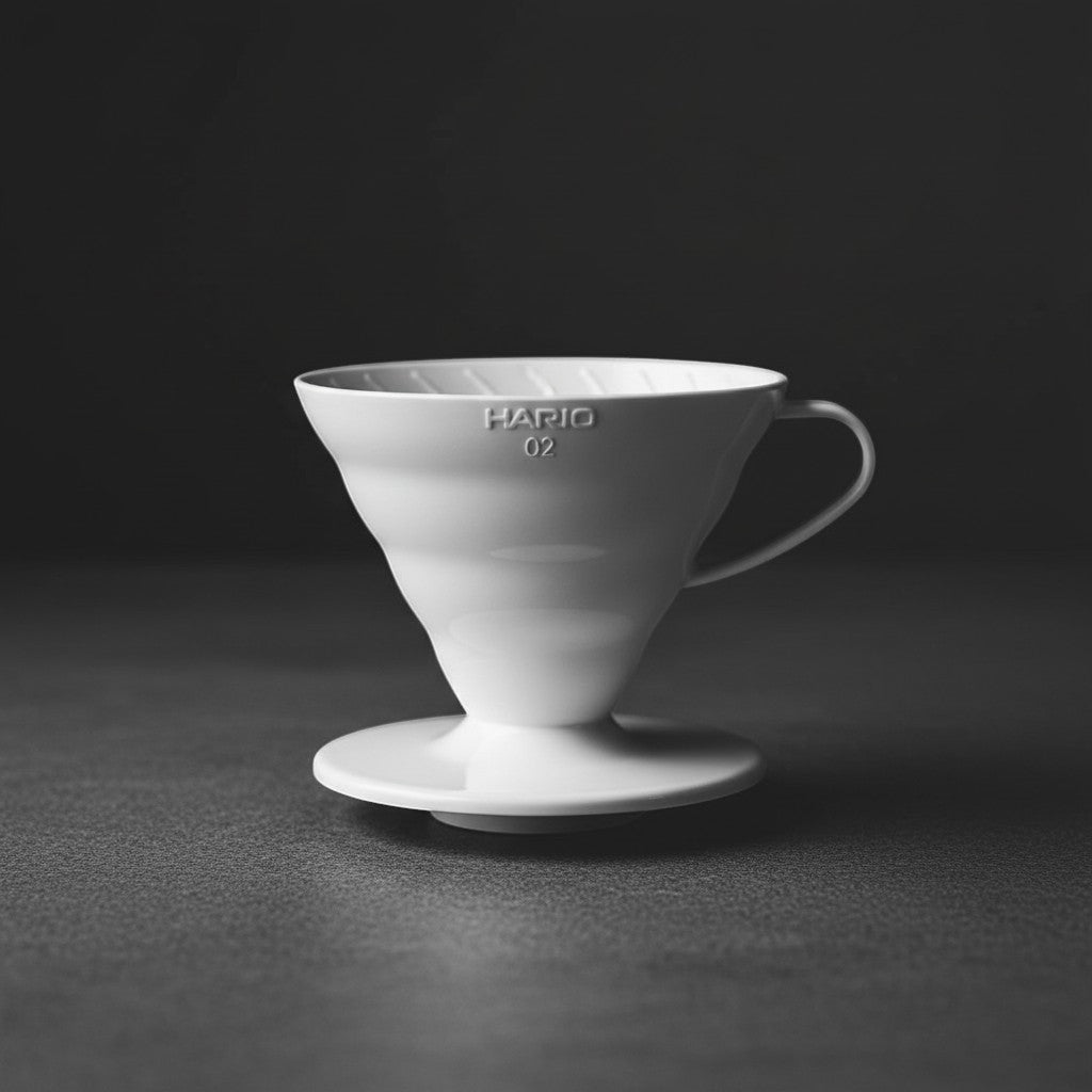 Say Ciao Coffee Tokyo Edition white plastic Hario V60 Size 02 pour-over coffee dripper with a single large hole for controlled extraction.