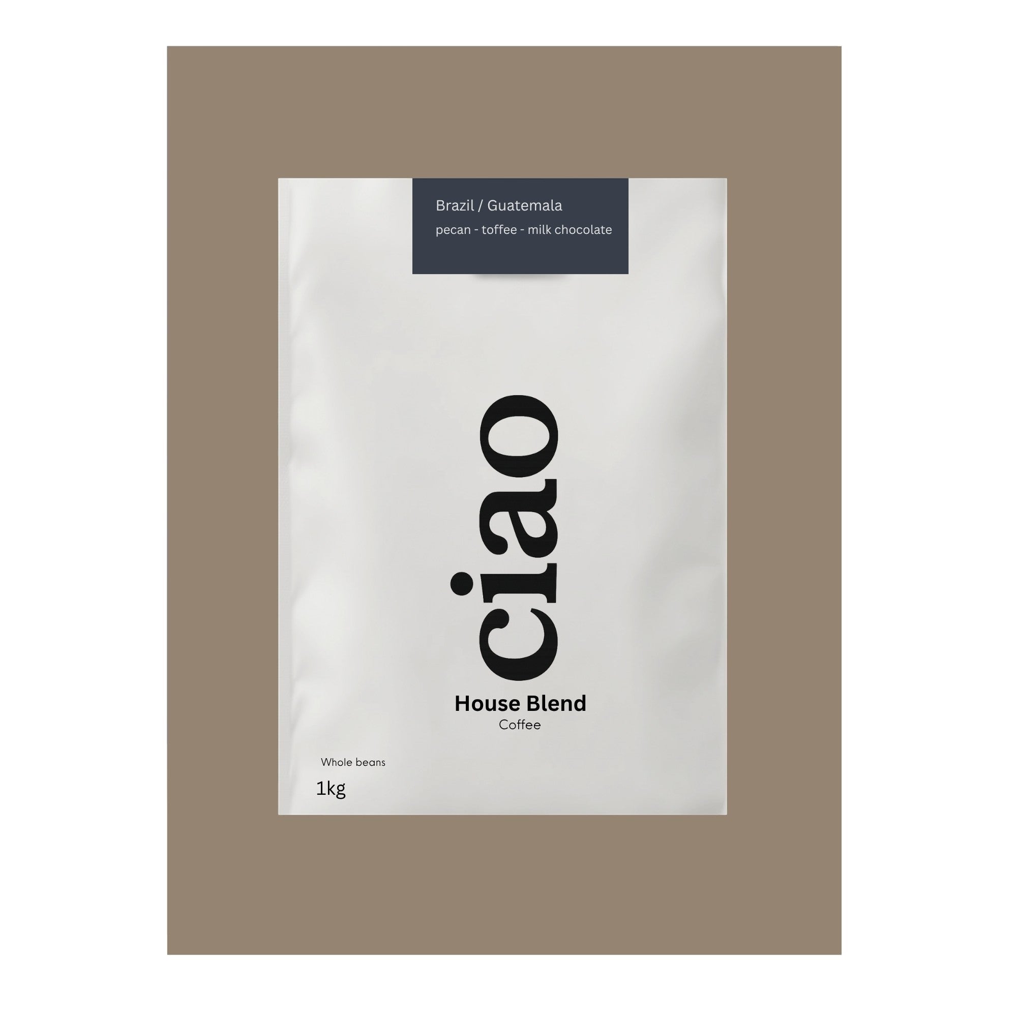 Say Ciao Coffee House Blend whole beans, 1kg bag. Medium roast with notes of pecan, toffee, milk chocolate, and citrus.