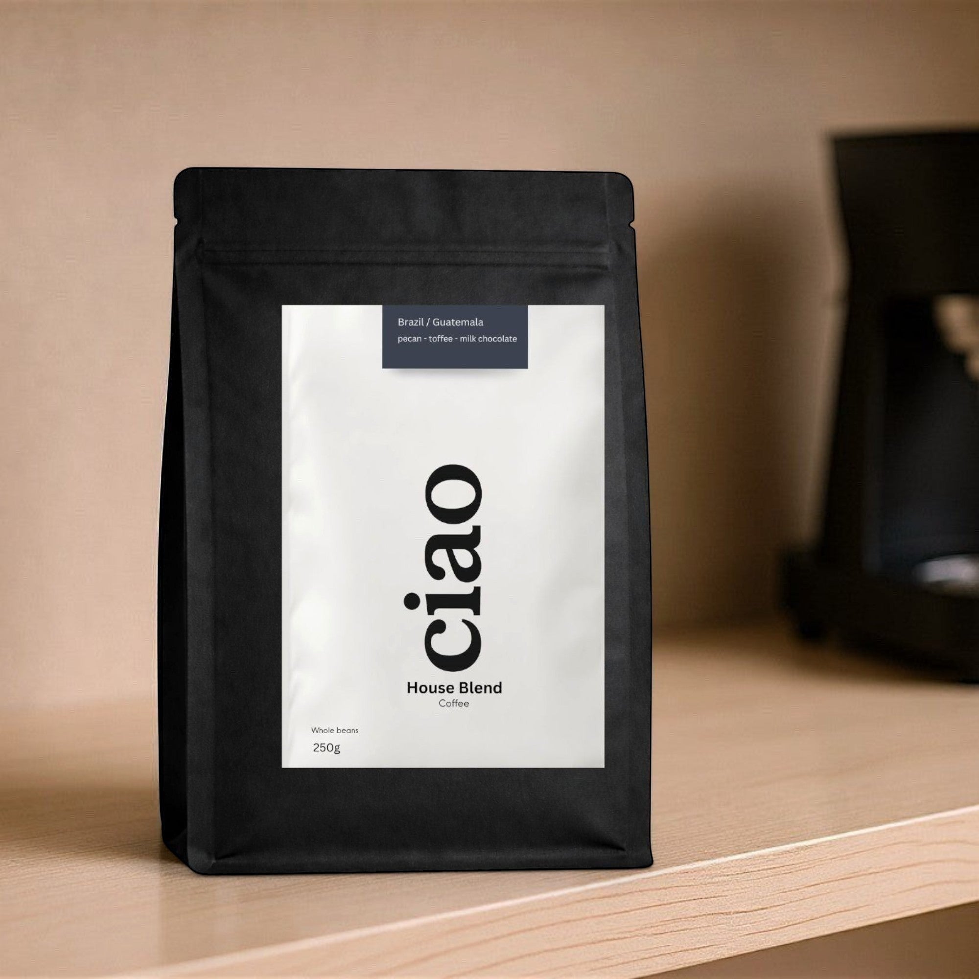 Say Ciao Coffee House Blend whole beans, 250g bag. Medium roast with notes of pecan, toffee, and milk chocolate.