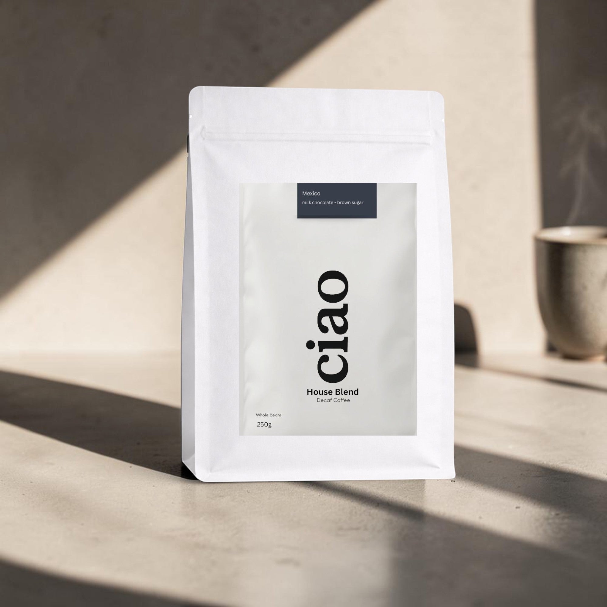 Say Ciao Coffee House Blend Decaf coffee bag with tasting notes of milk chocolate and brown sugar from Mexico.