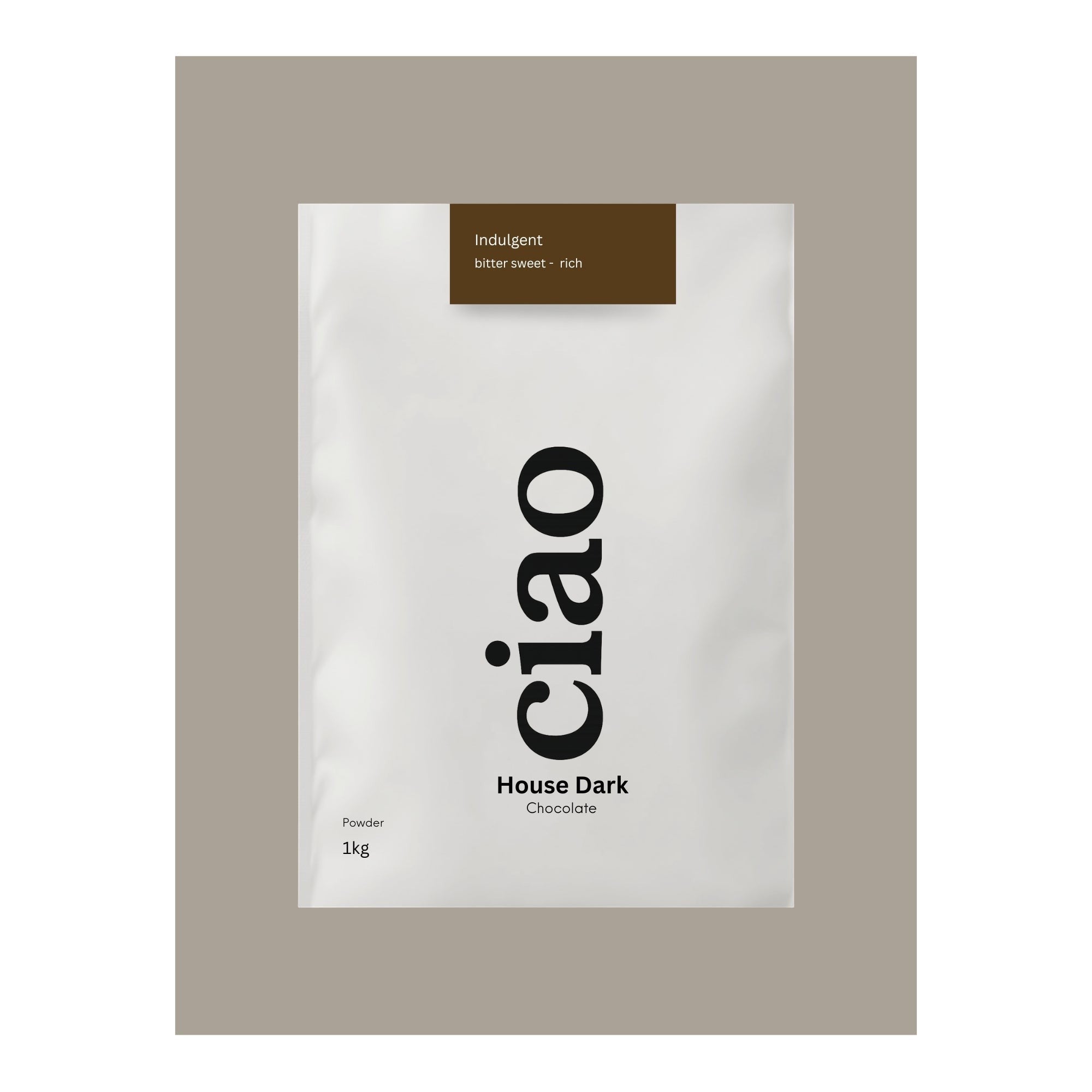Say Ciao Coffee House Dark 70% cocoa chocolate powder, 1kg bag. Indulgent, bittersweet, and rich flavour.