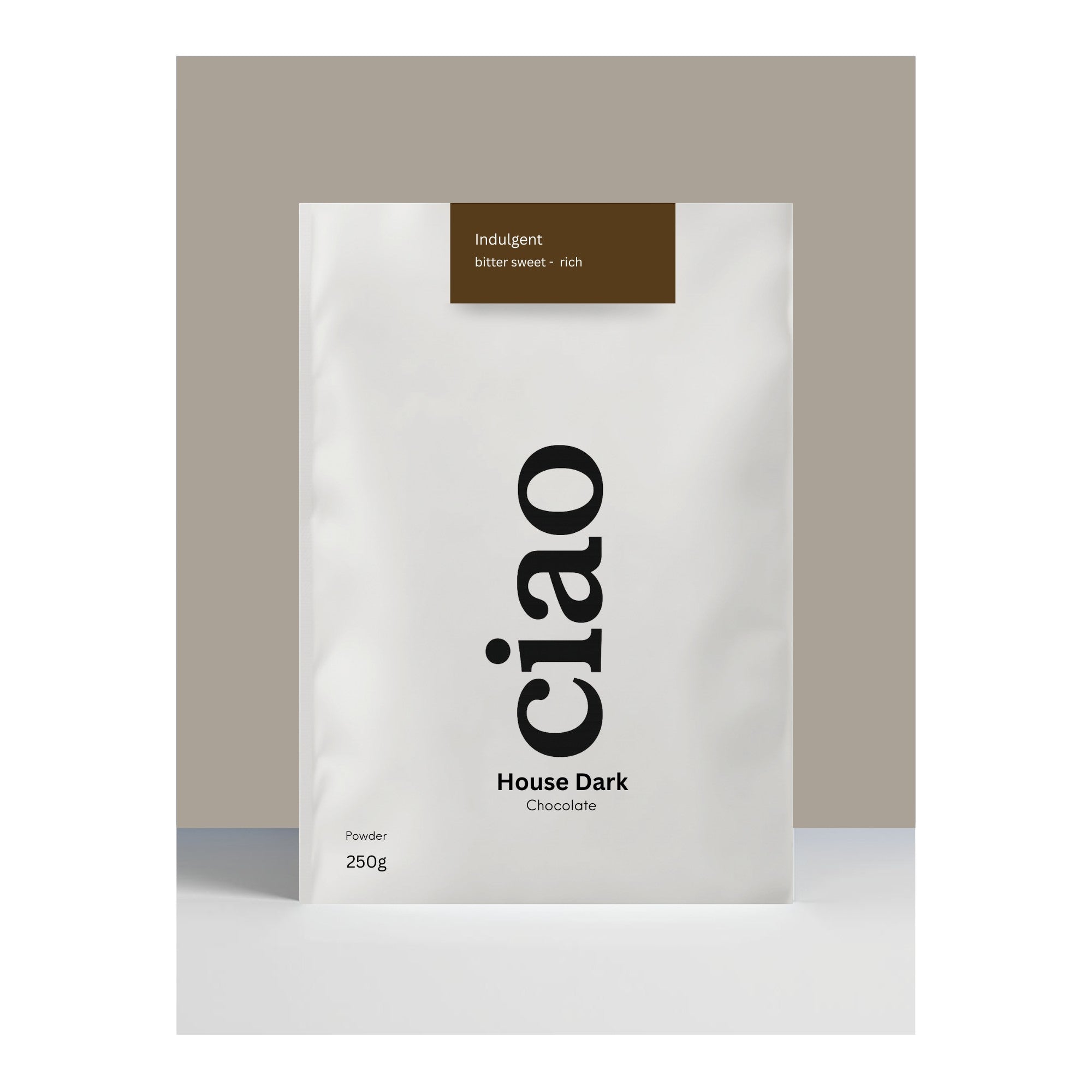 Say Ciao Coffee House Dark 70% cocoa chocolate powder, 250g bag, rich and bittersweet.