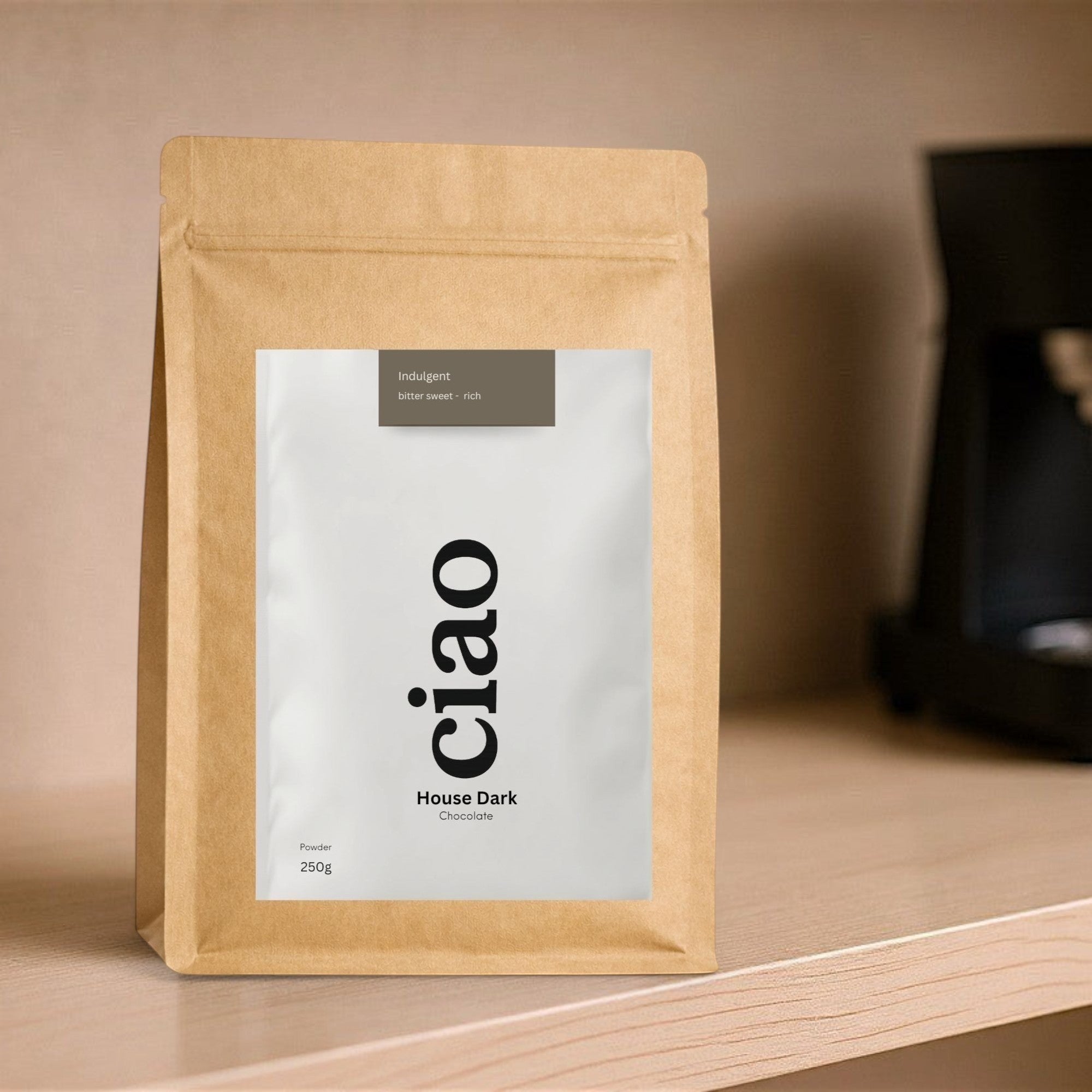 Say Ciao Coffee House Dark 70% cocoa powder in a brown resealable pouch, ideal for coffee pairing.