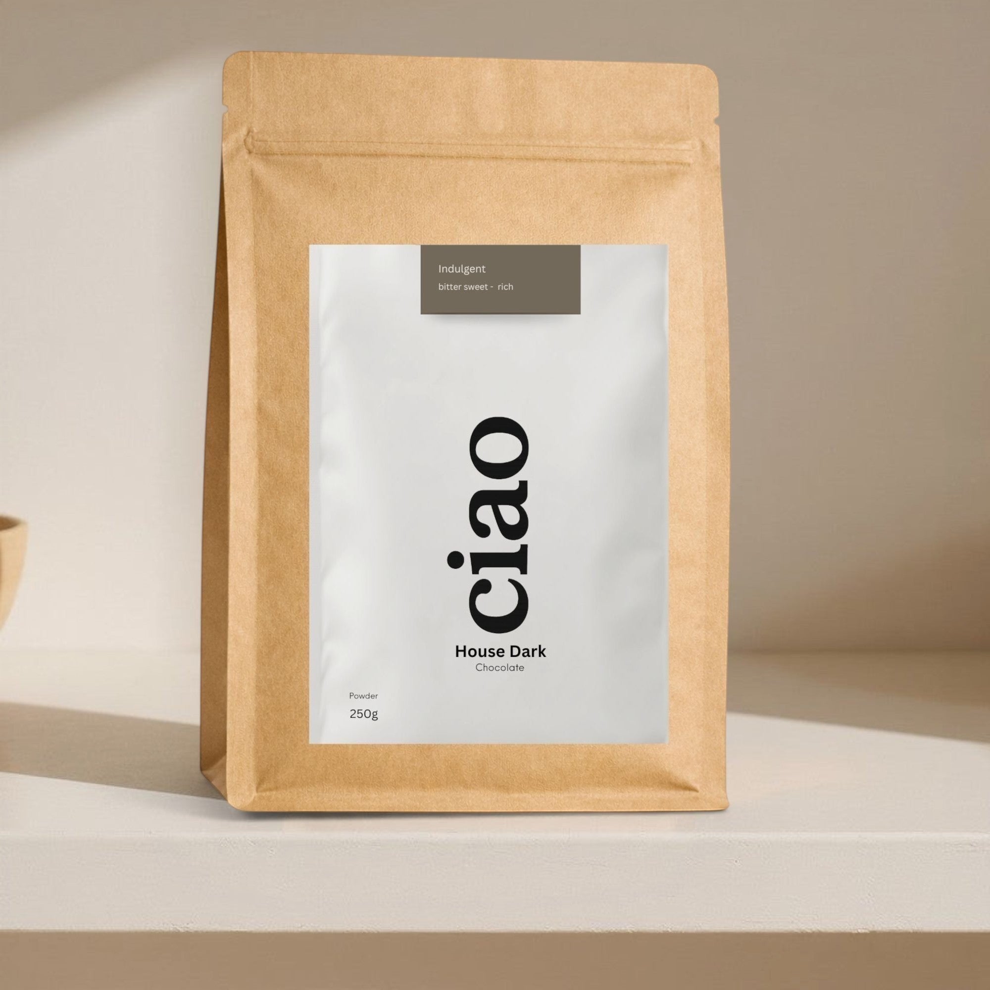 Say Ciao Coffee House Dark 70% cocoa powder in a brown resealable pouch, 250g.