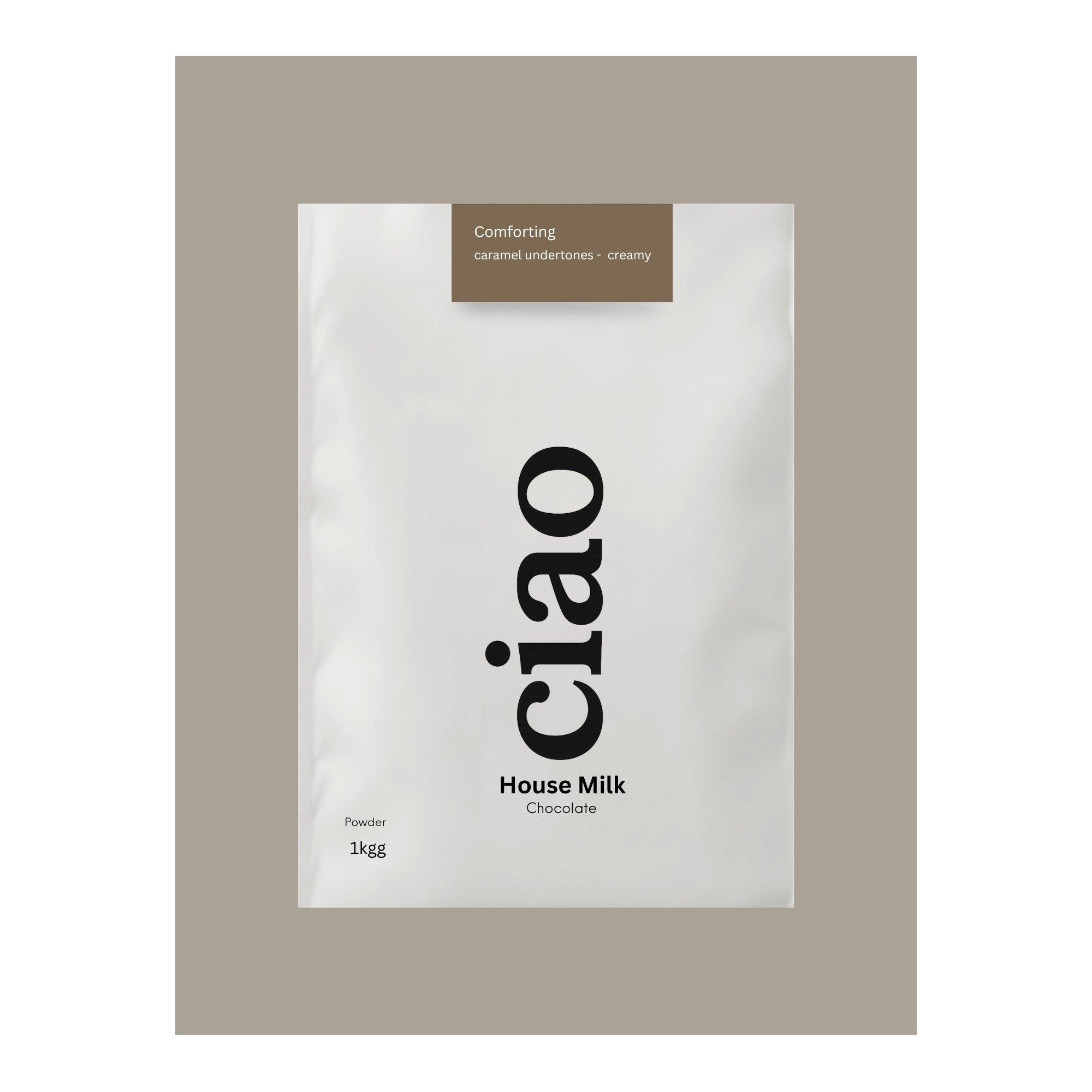 Say Ciao Coffee House Milk chocolate powder with 35% cocoa, creamy texture, and caramel undertones. 1kg bag.