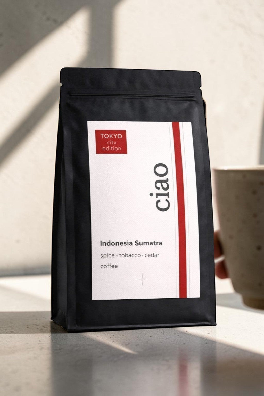 Say Ciao Coffee Tokyo City Edition Indonesia Sumatra medium-dark roast coffee bag with tasting notes of spice, tobacco, and cedar.