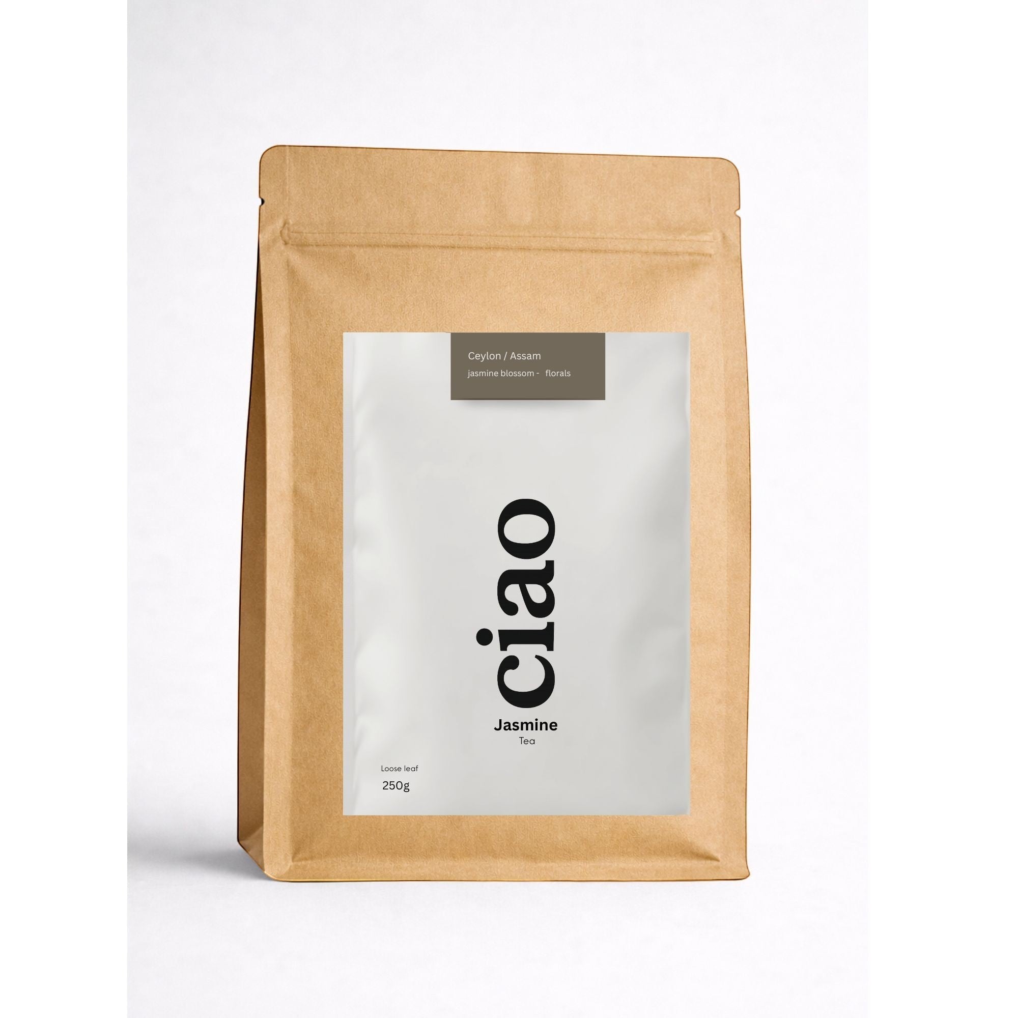 Say Ciao Coffee Jasmine loose leaf tea, 250g bag with green tea and jasmine blossoms.