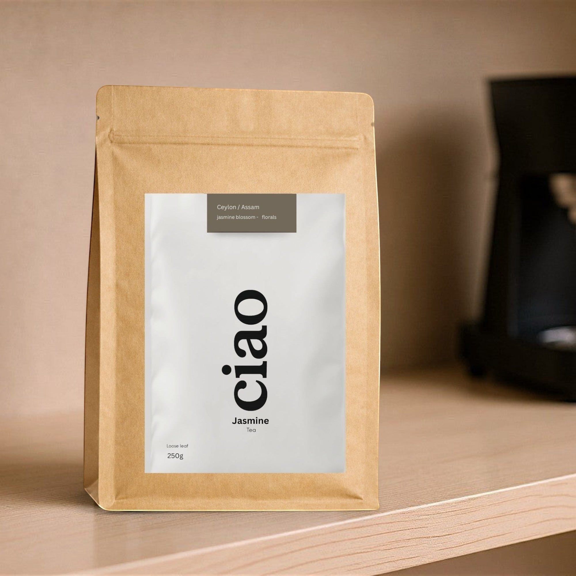 Say Ciao Coffee Jasmine loose leaf tea pouch, featuring a minimalist white label with black text and a brown accent bar.