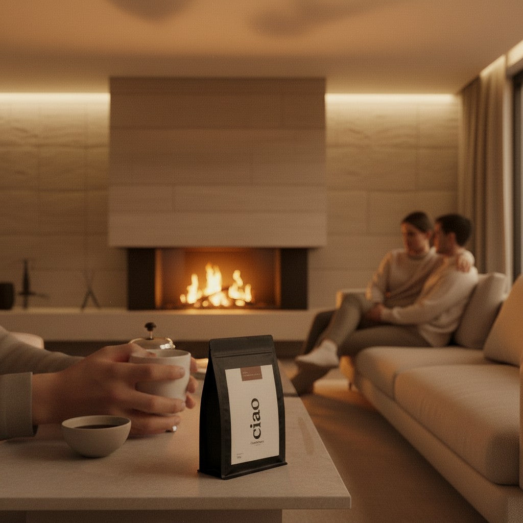 Say Ciao Coffee Kĩrĩmanyaga Kenyan coffee bag on a table with a fireplace and couple in the background.