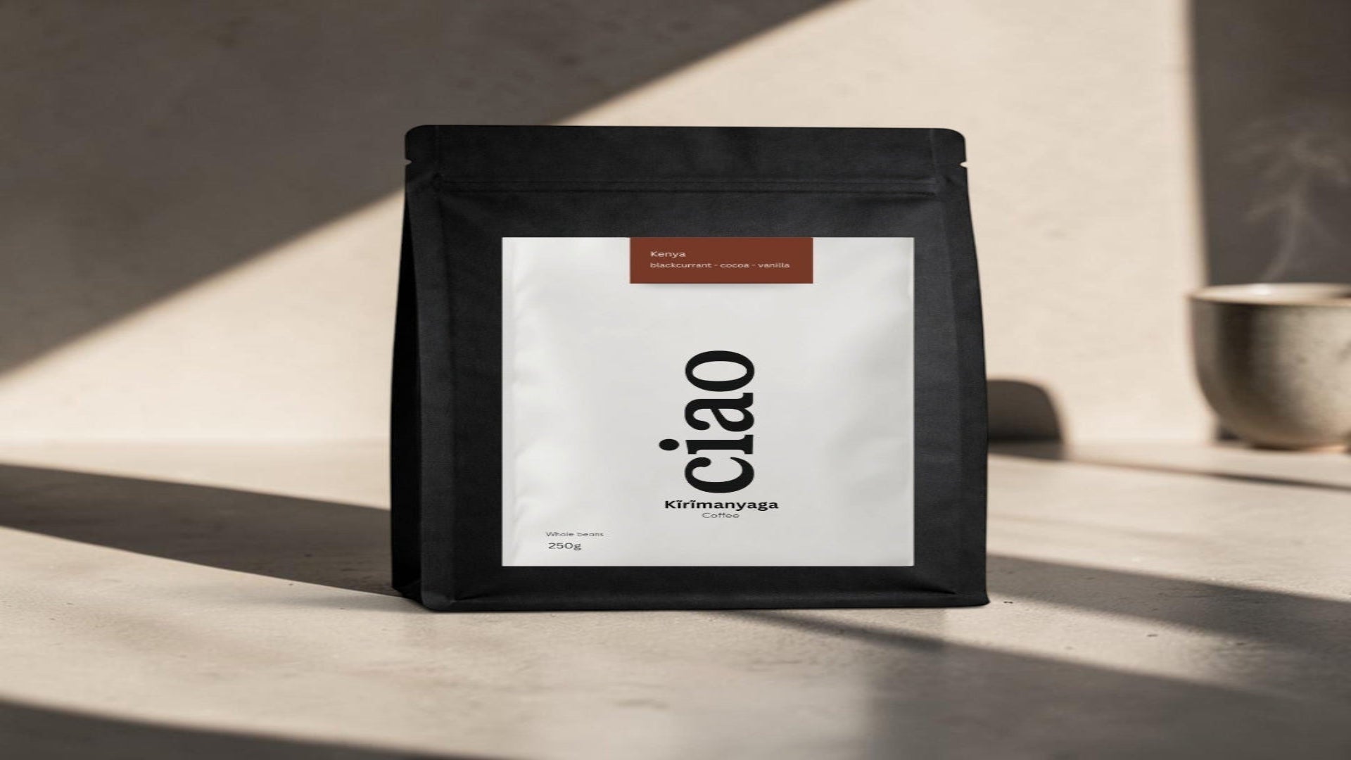 Say Ciao Coffee Kĩrĩmanyaga Kenyan whole bean coffee, 250g bag with tasting notes of blackcurrant, cocoa, and vanilla.
