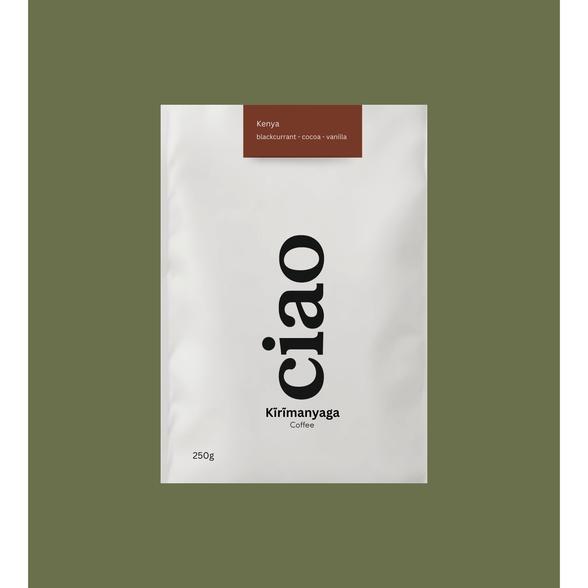 Say Ciao Coffee Kĩrĩmanyaga Kenyan coffee bag with tasting notes of blackcurrant, cocoa, and vanilla.