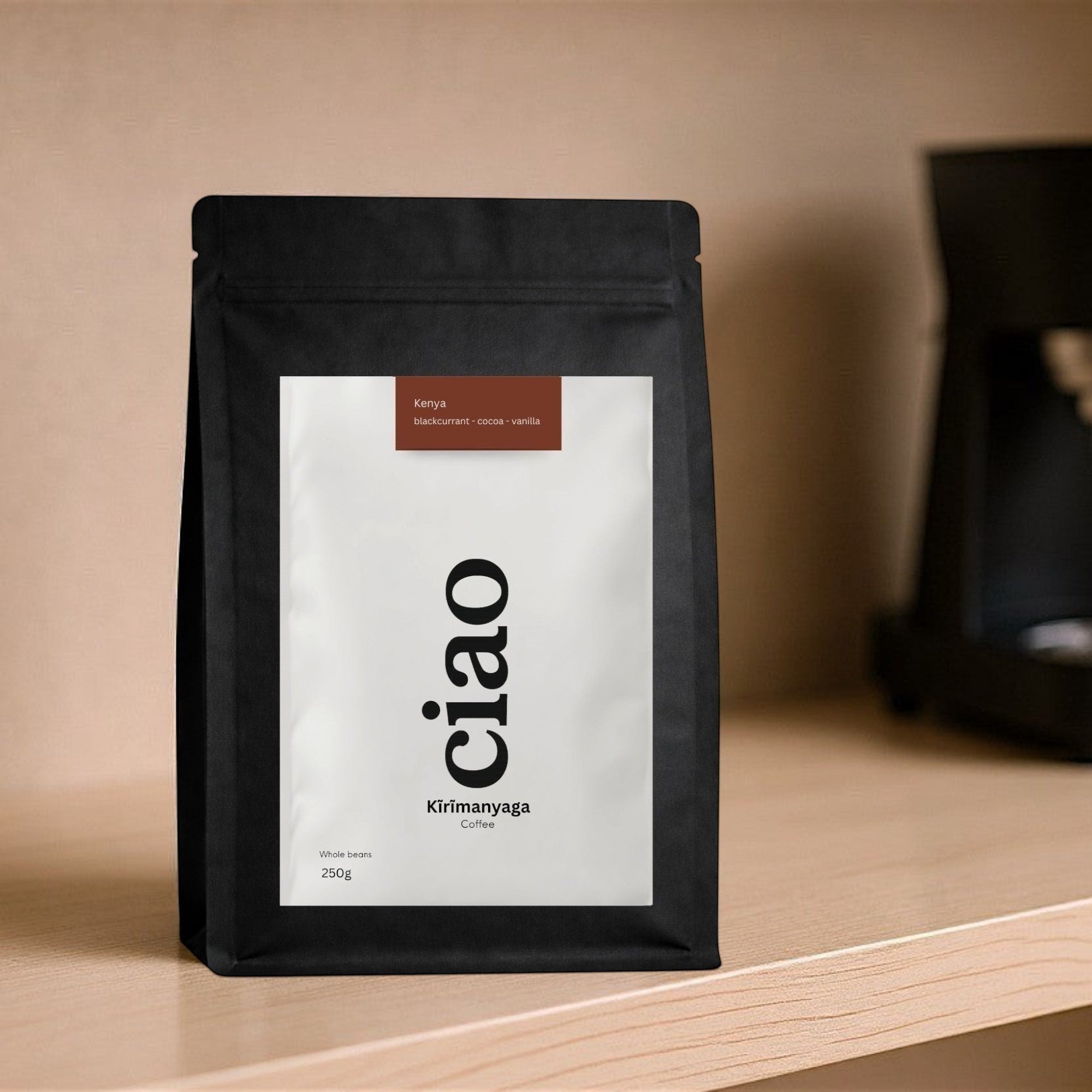 Say Ciao Coffee Kĩrĩmanyaga Kenyan whole bean coffee, light-to-medium roast with blackcurrant, cocoa, and vanilla notes.