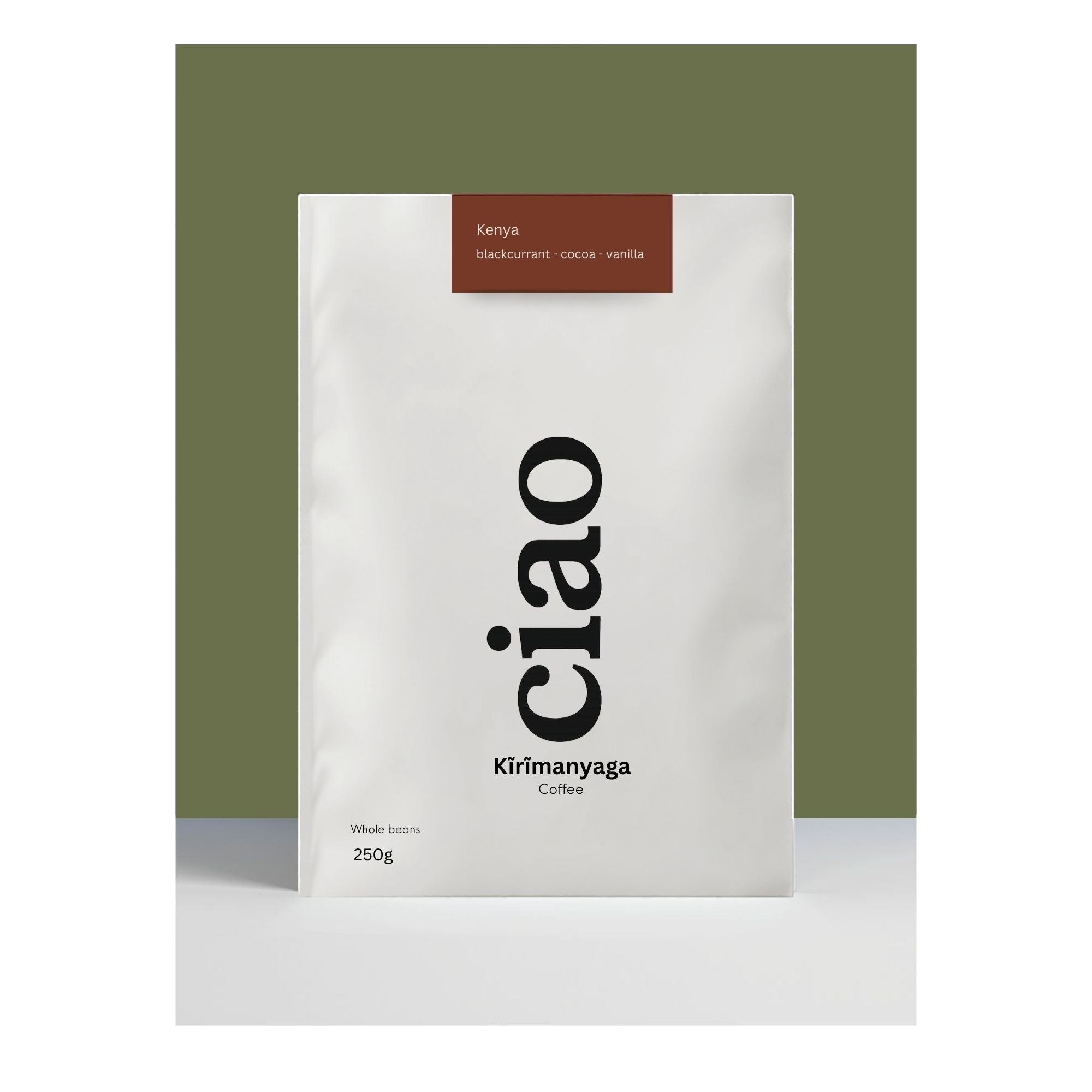 Say Ciao Coffee Kĩrĩmanyaga Kenyan whole bean coffee bag with tasting notes of blackcurrant, cocoa, and vanilla.