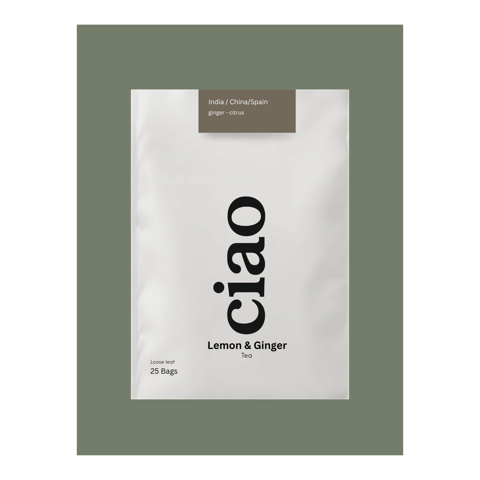 Say Ciao Coffee Lemon & Ginger loose leaf tea bags, a warming blend with citrus and ginger notes.